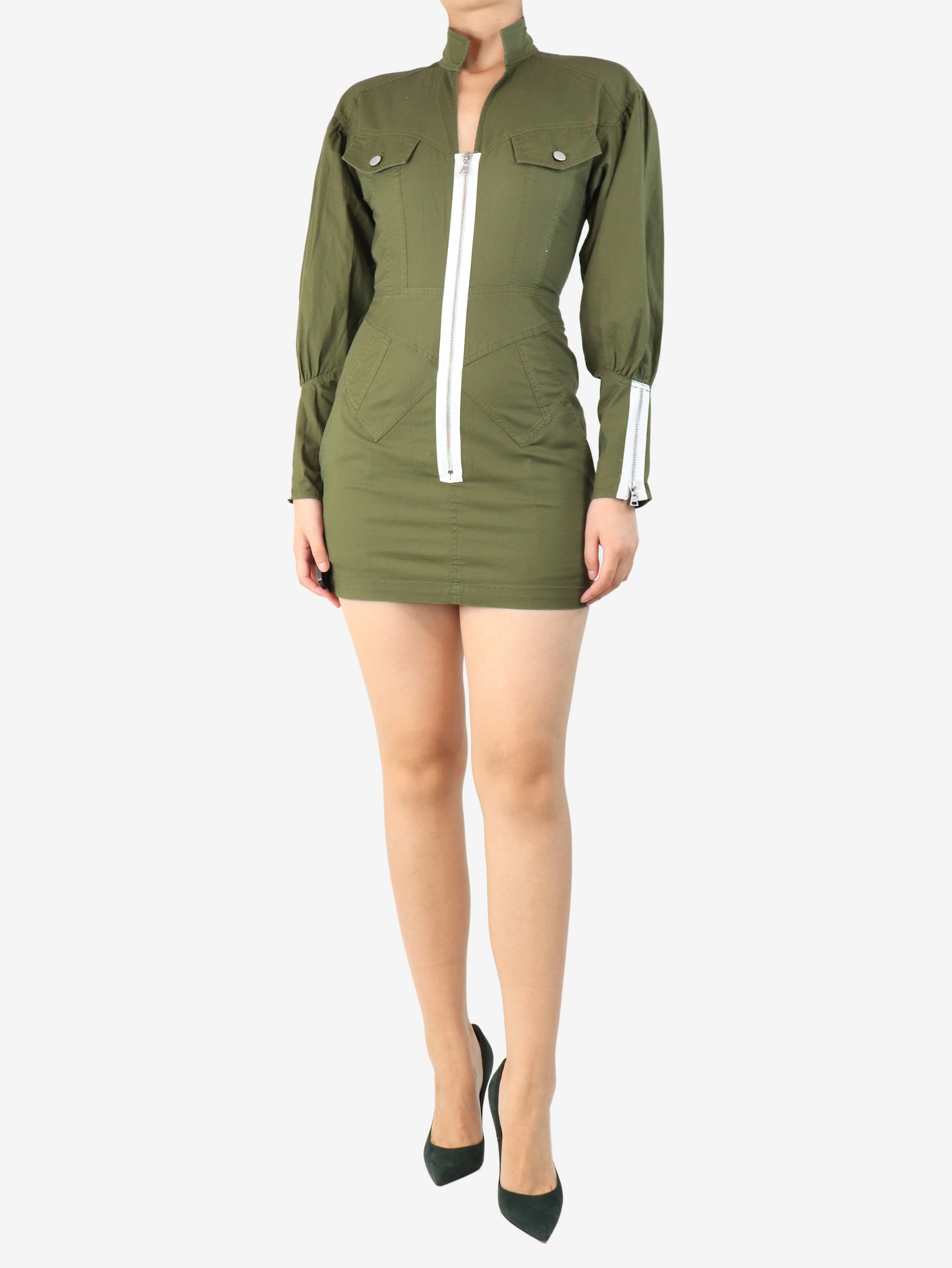 Olive green zip-front cotton mini dress - size S - Image 3