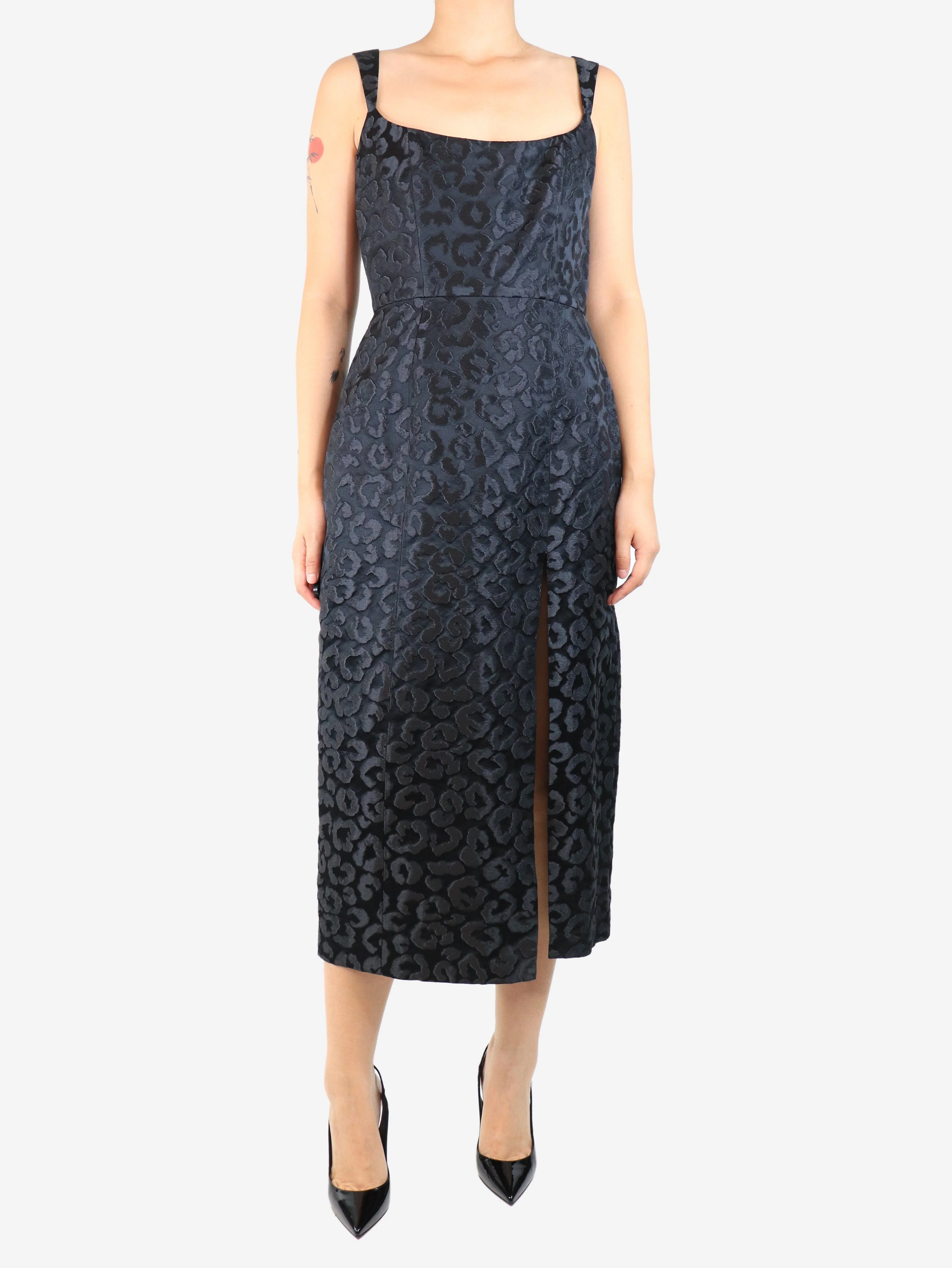 Black leopard jacquard midi dress - size UK 14