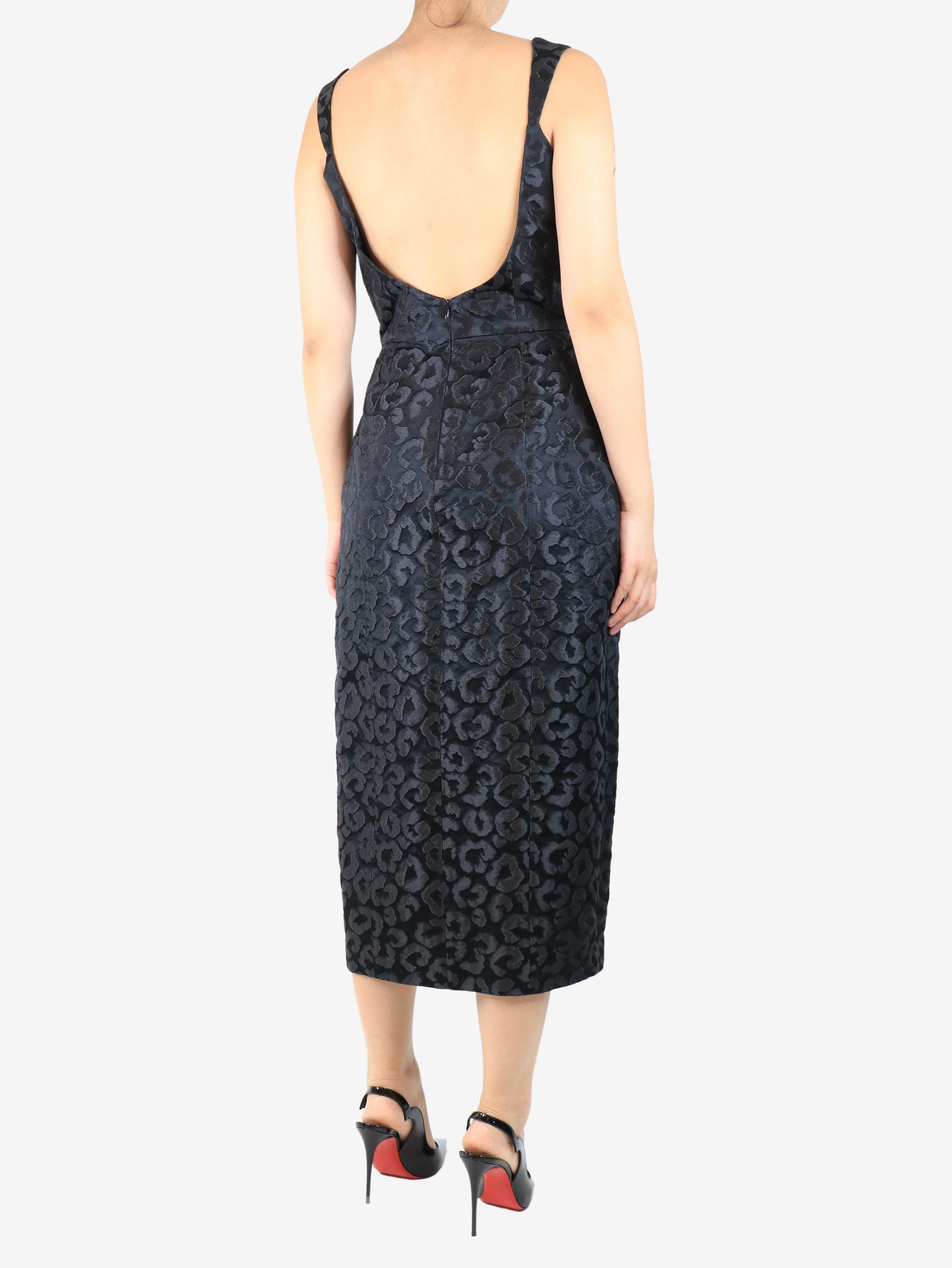 Black leopard jacquard midi dress - size UK 14 - Image 2