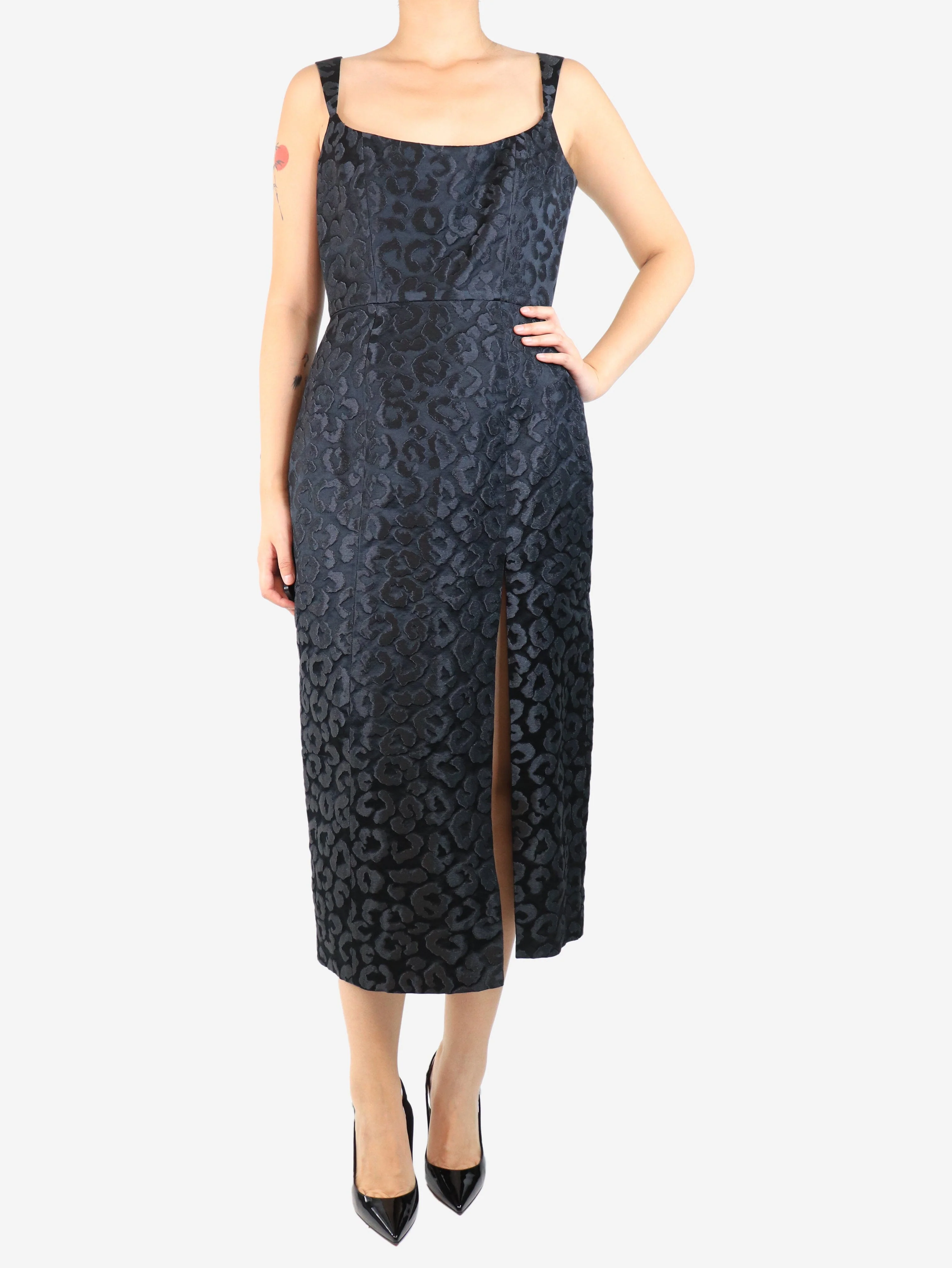 Black leopard jacquard midi dress - size UK 14 - Image 3