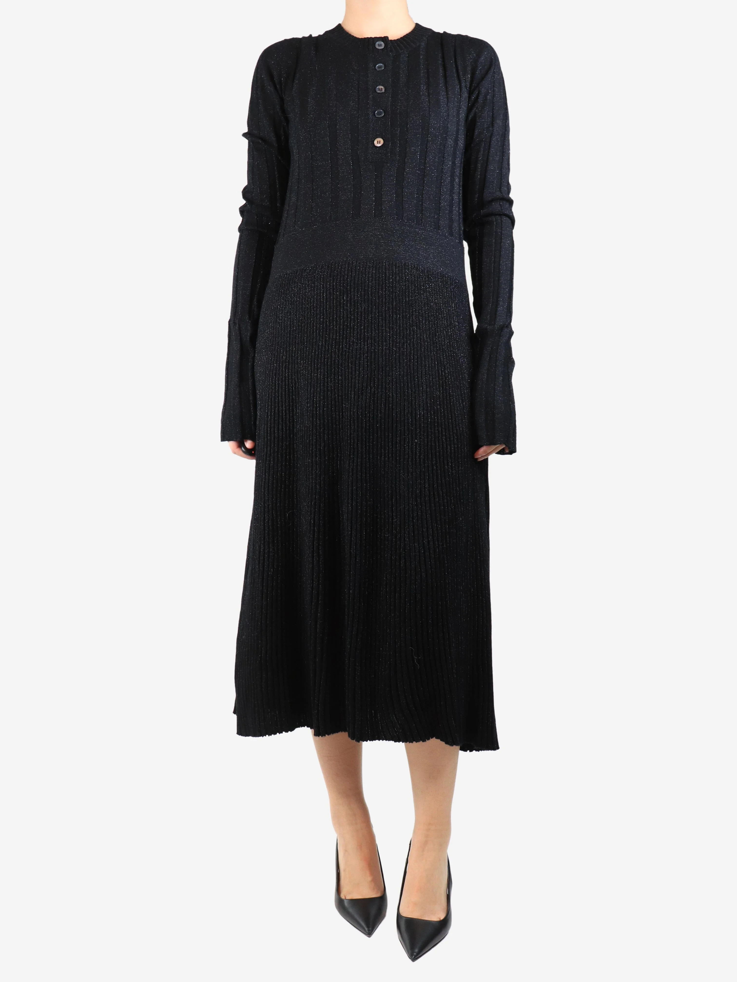 Black lurex ribbed midi dress - size UK 10