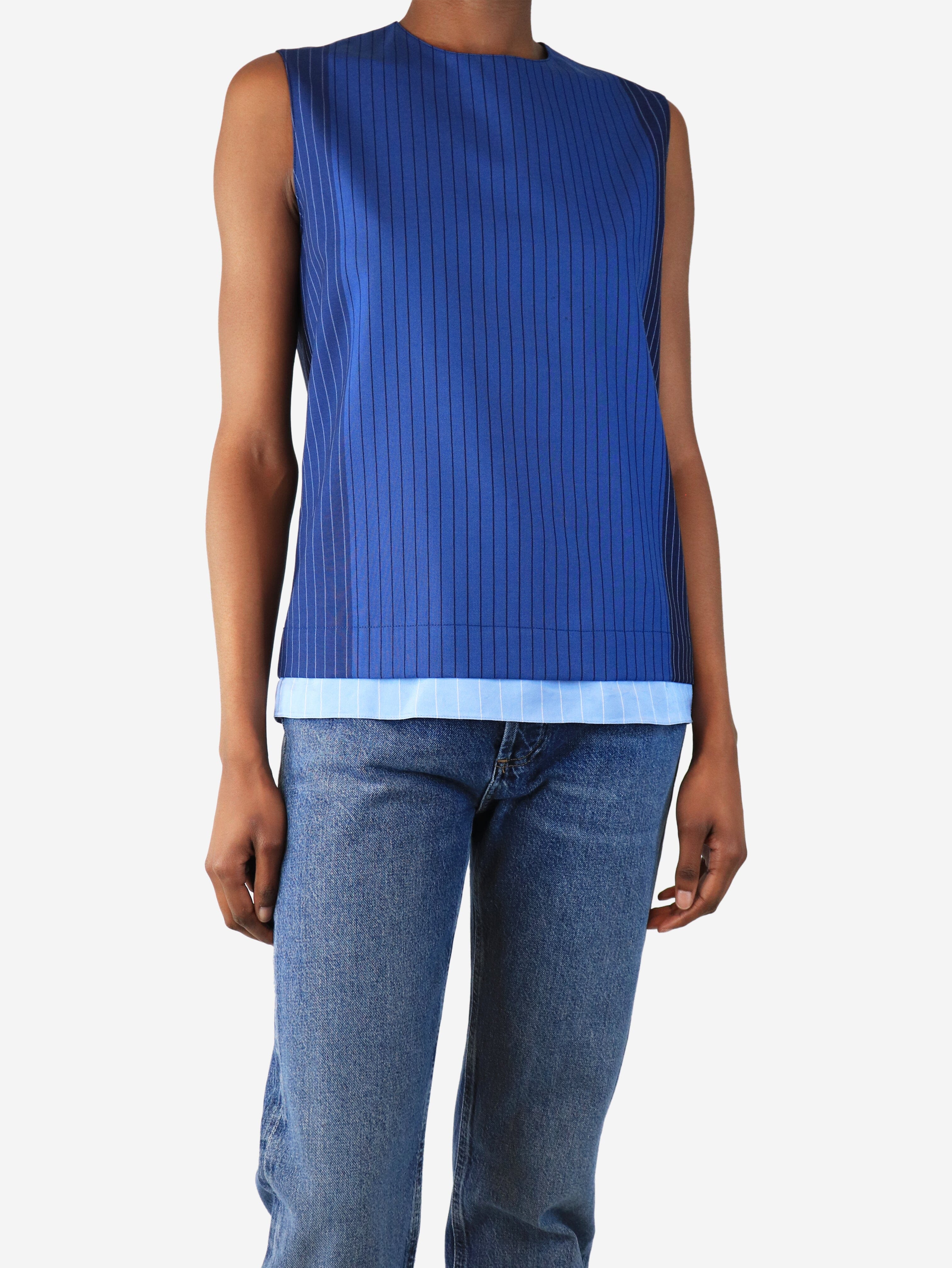 Blue sleeveless pinstripe top - size UK 6