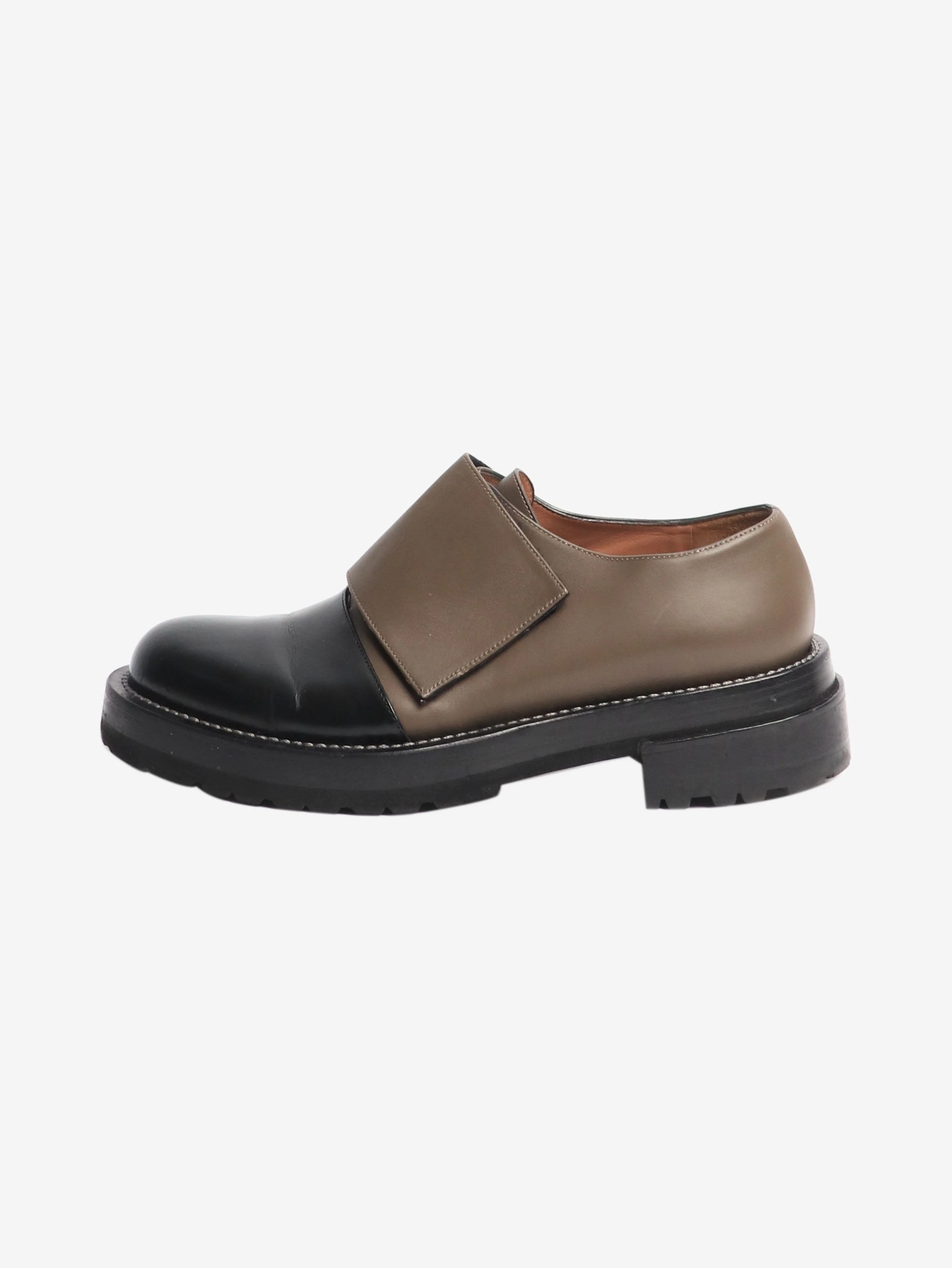 Brown and black velcro-strap leather shoes - size EU 40