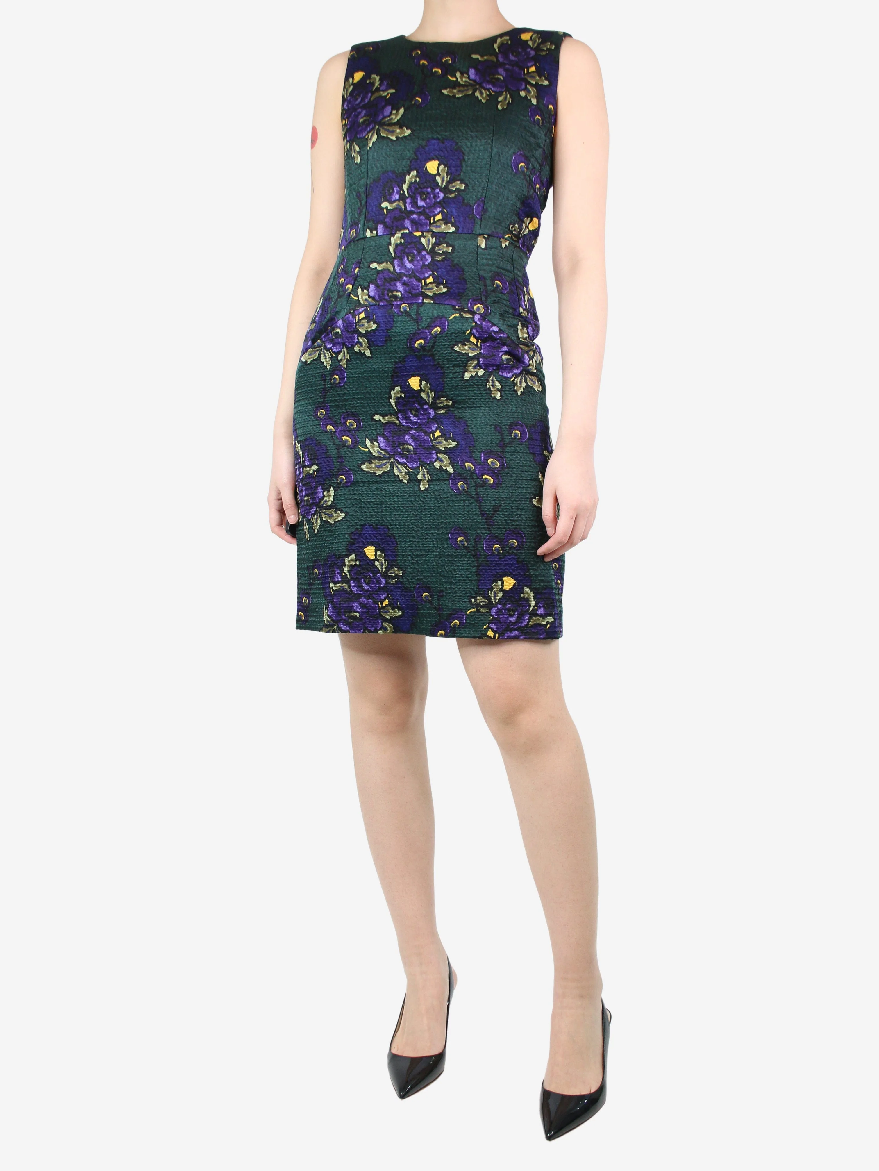 Green sleeveless floral-printed wool-blend dress - size UK 6 - Image 3