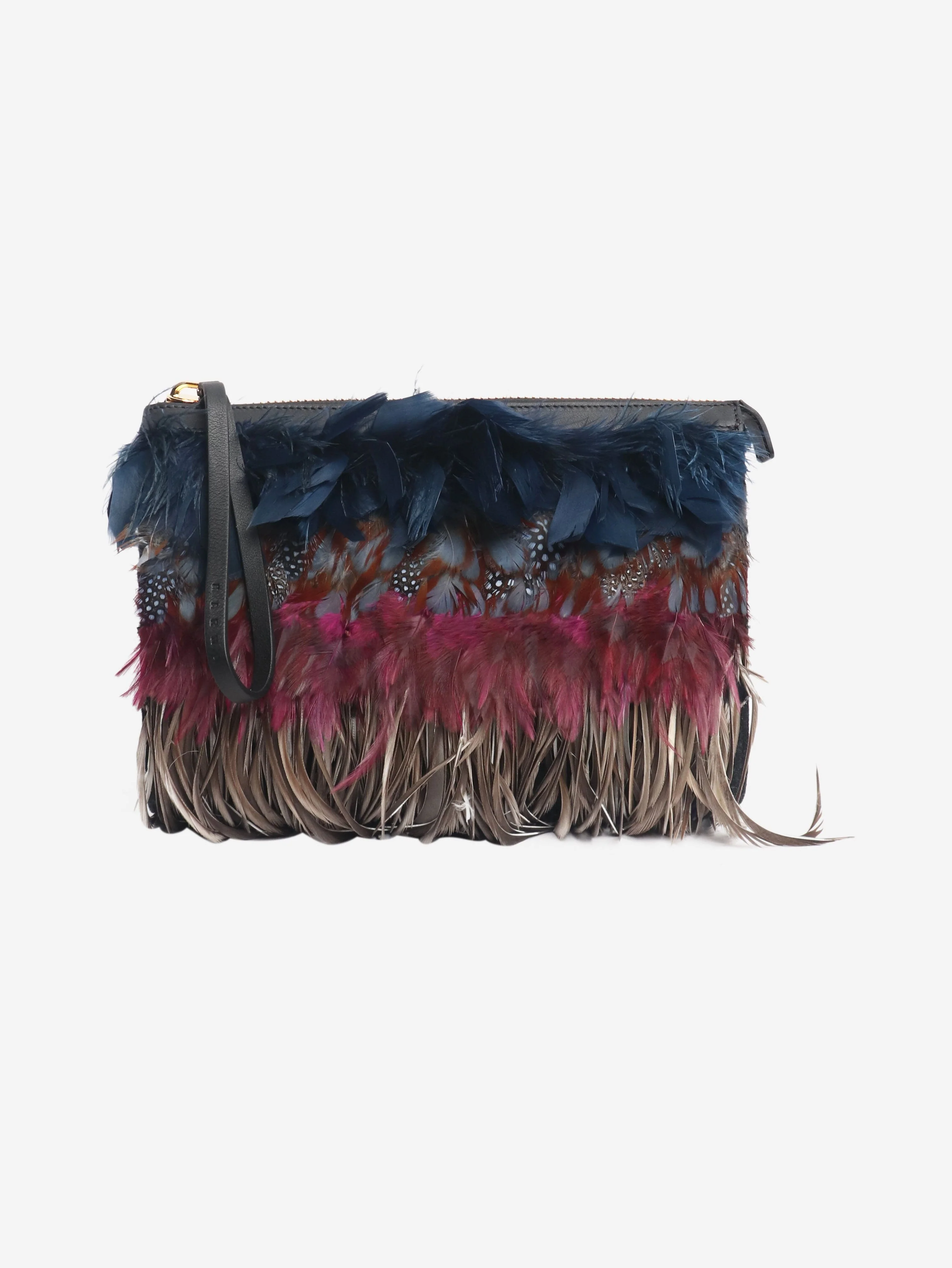Multicolour large feathered wristlet clutch bag