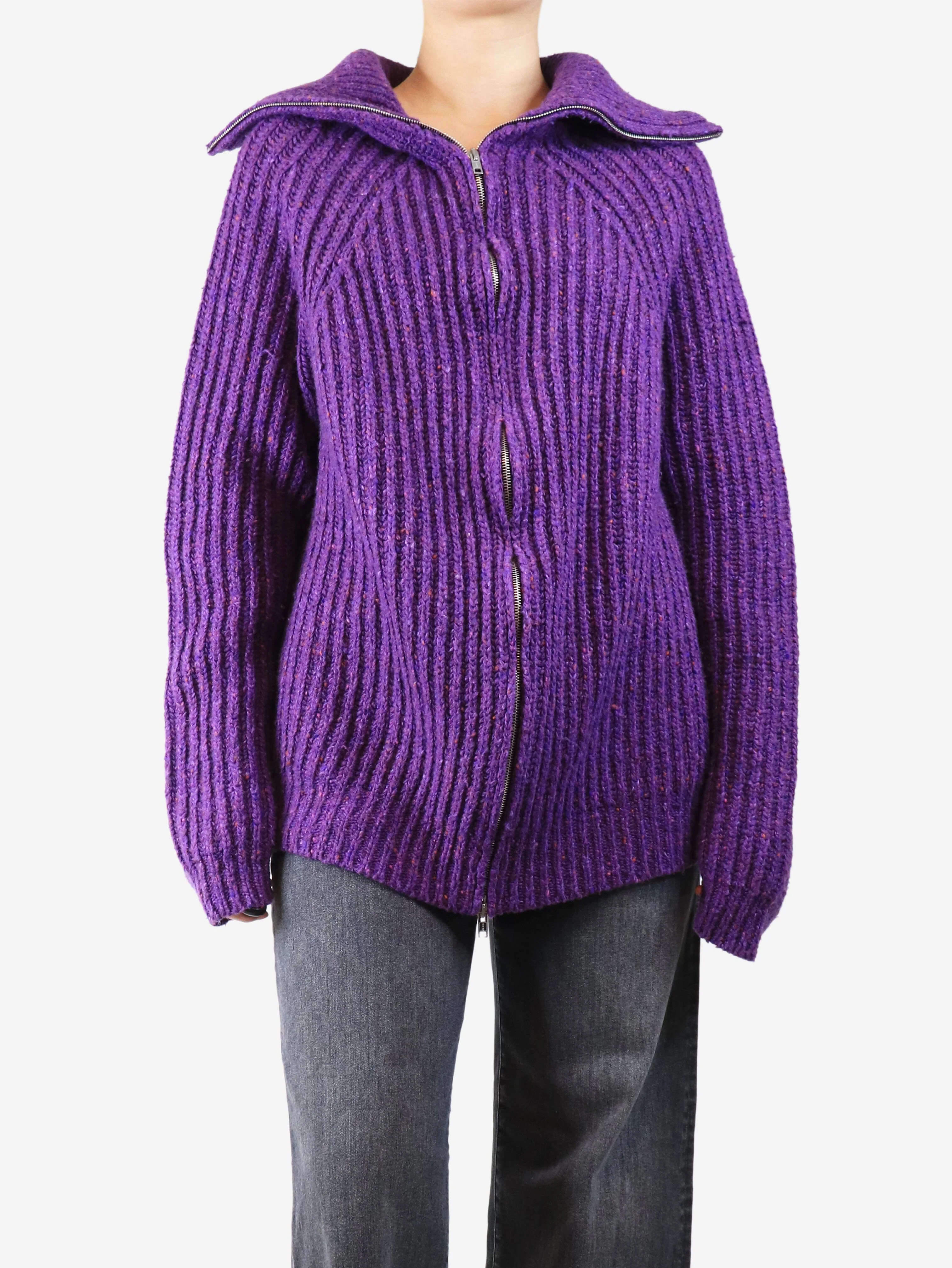 Purple chunky ribbed zip cardigan - size UK 16