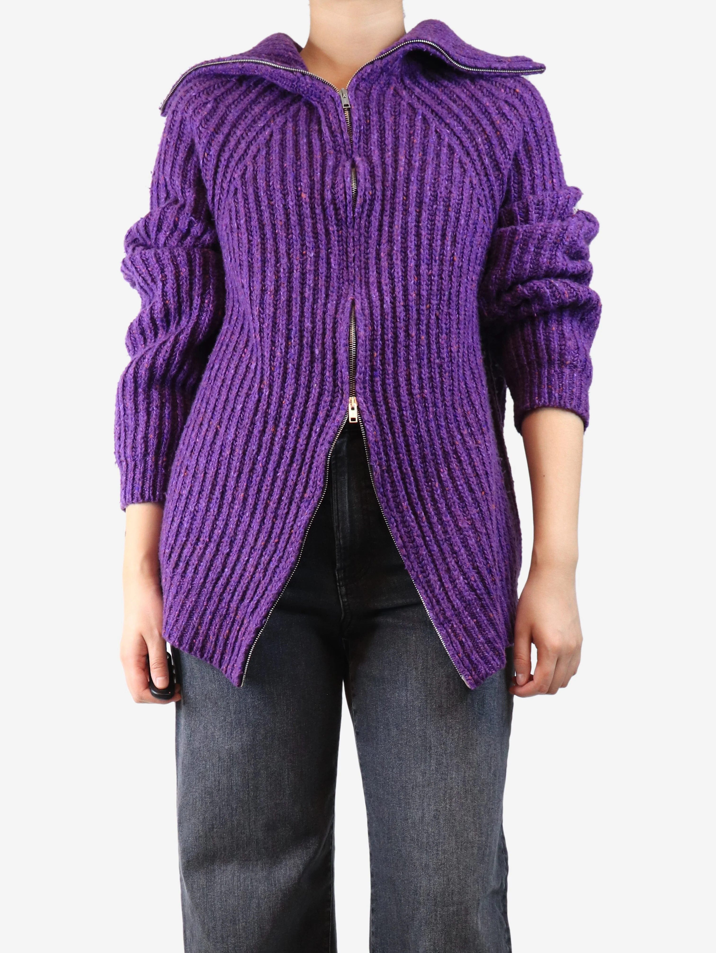 Purple chunky ribbed zip cardigan - size UK 16 - Image 3