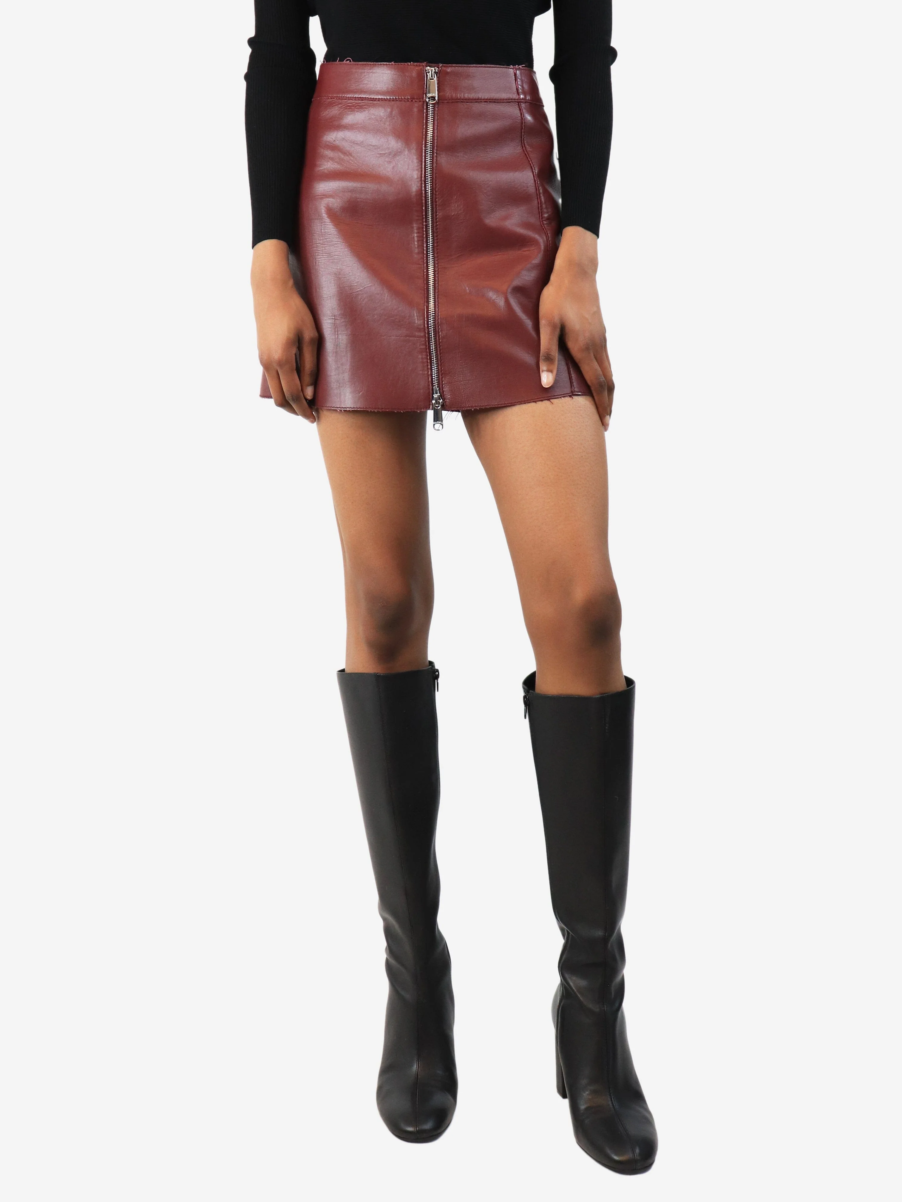 Burgundy leather mini skirt - size UK 4