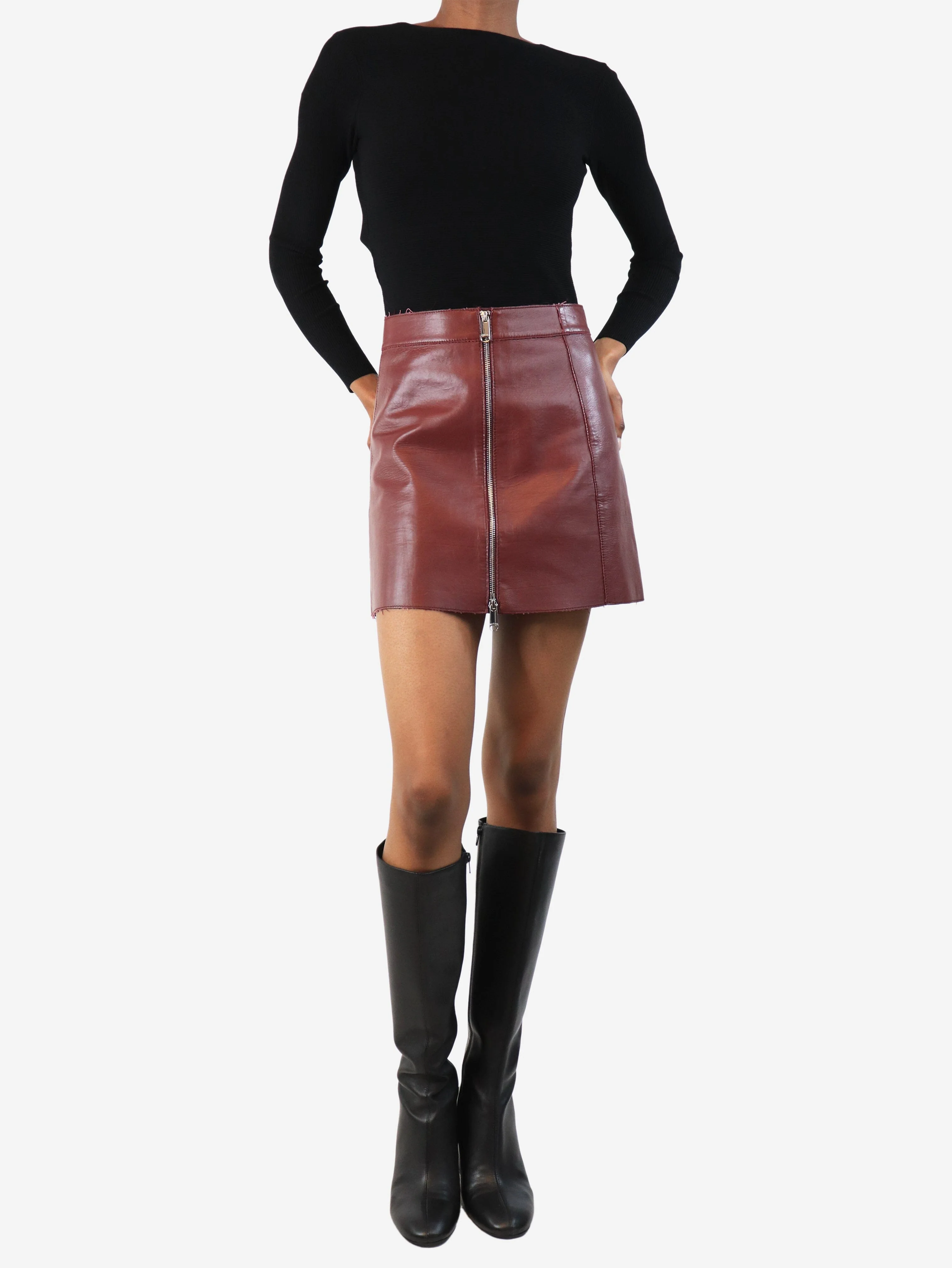 Burgundy leather mini skirt - size UK 4 - Image 2