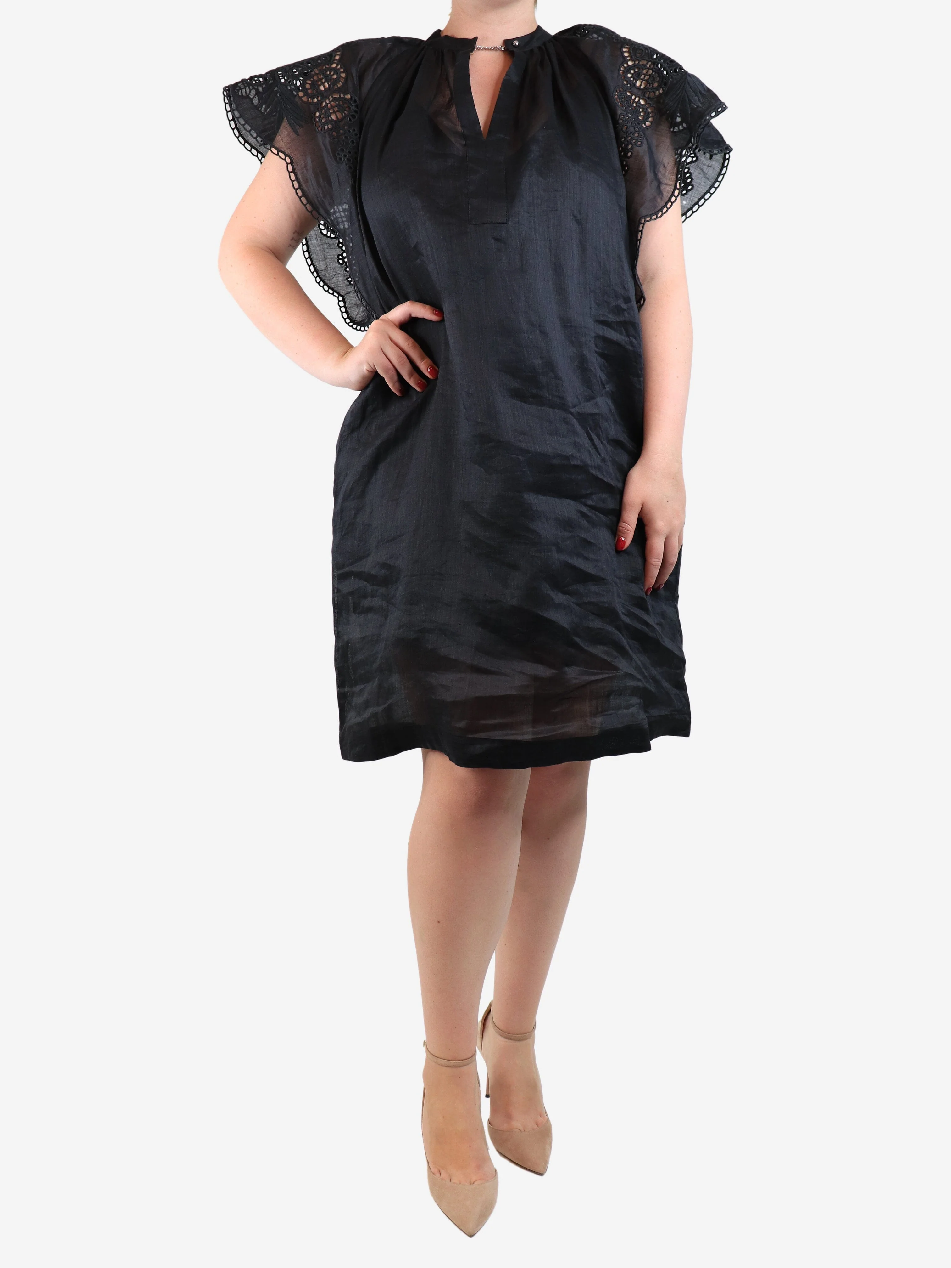Black sheer embroidered tunic - size UK 12