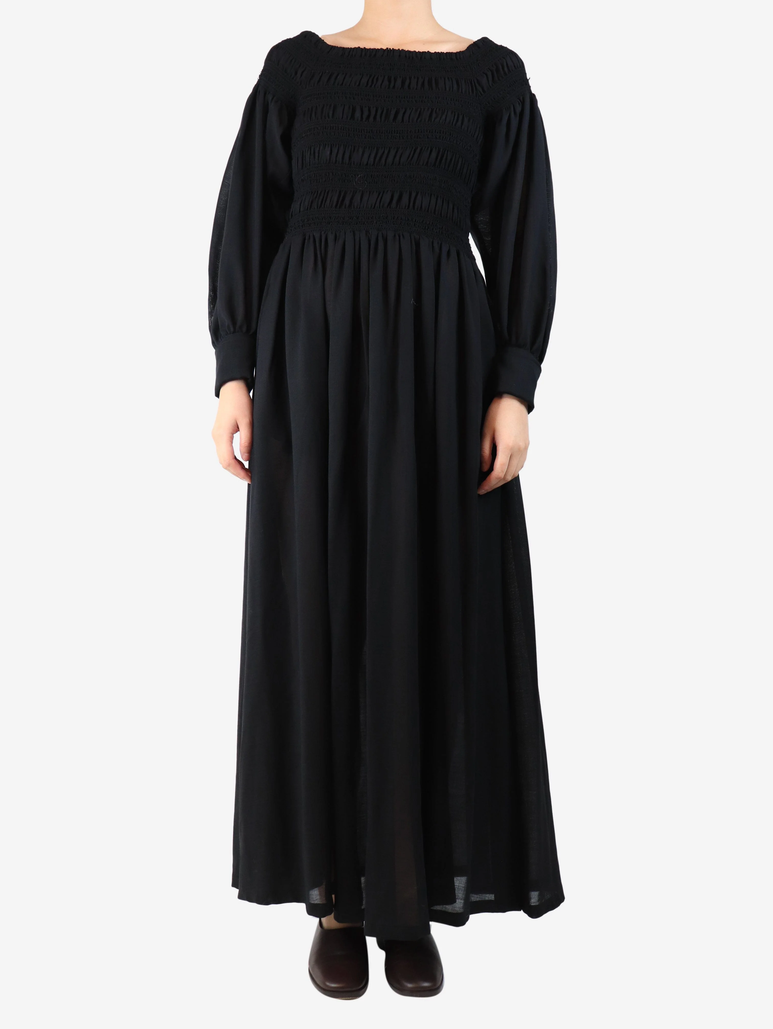 Black shirred maxi dress - size UK 12