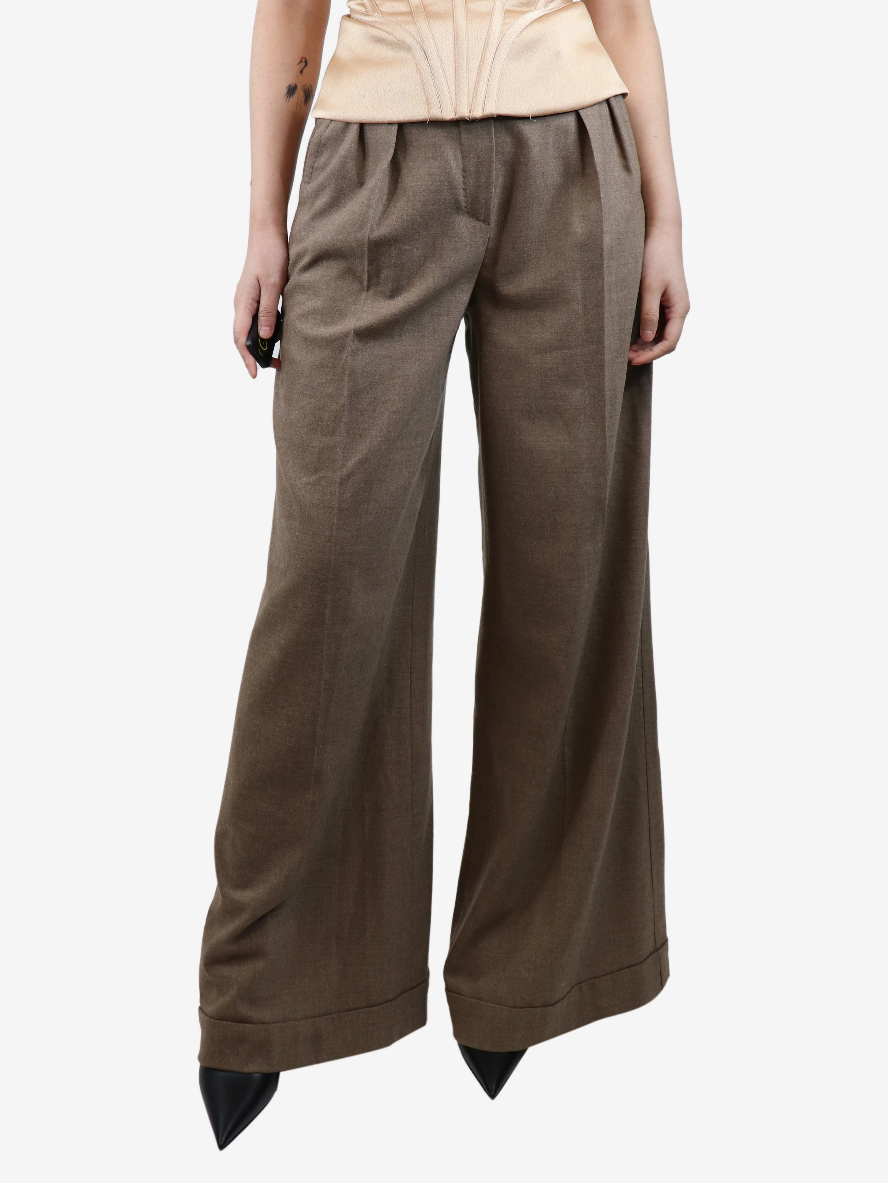 Brown wool-blend trousers - size UK 10