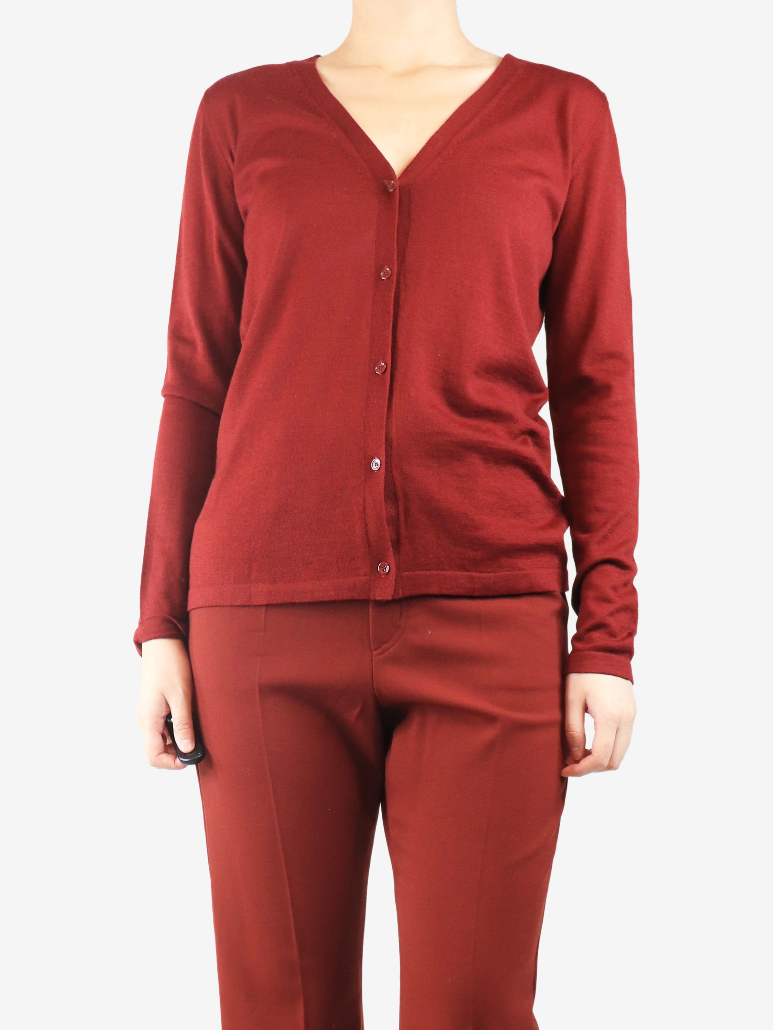 Red thin knit cardigan - size UK 10