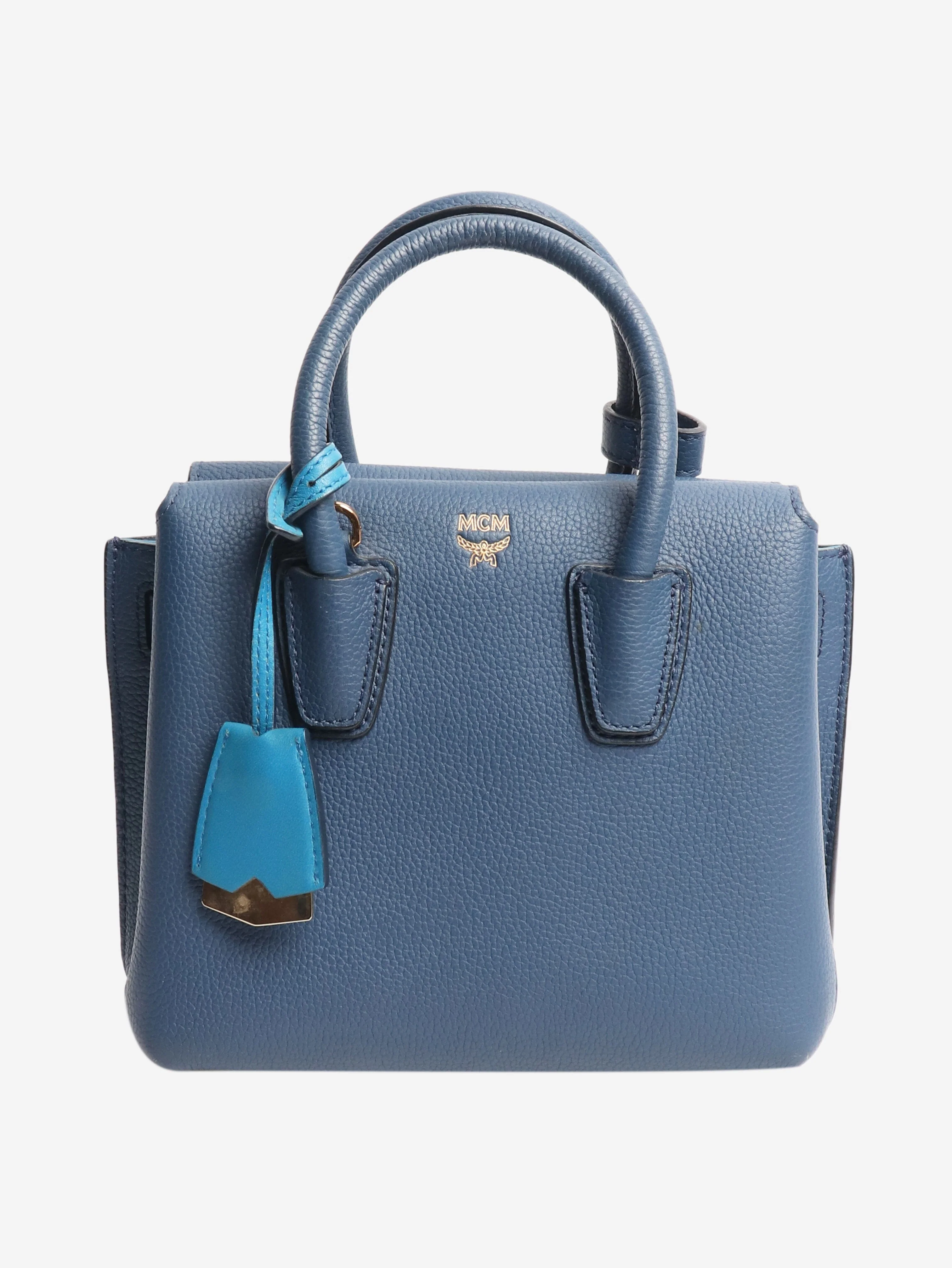 Blue leather top handle bag