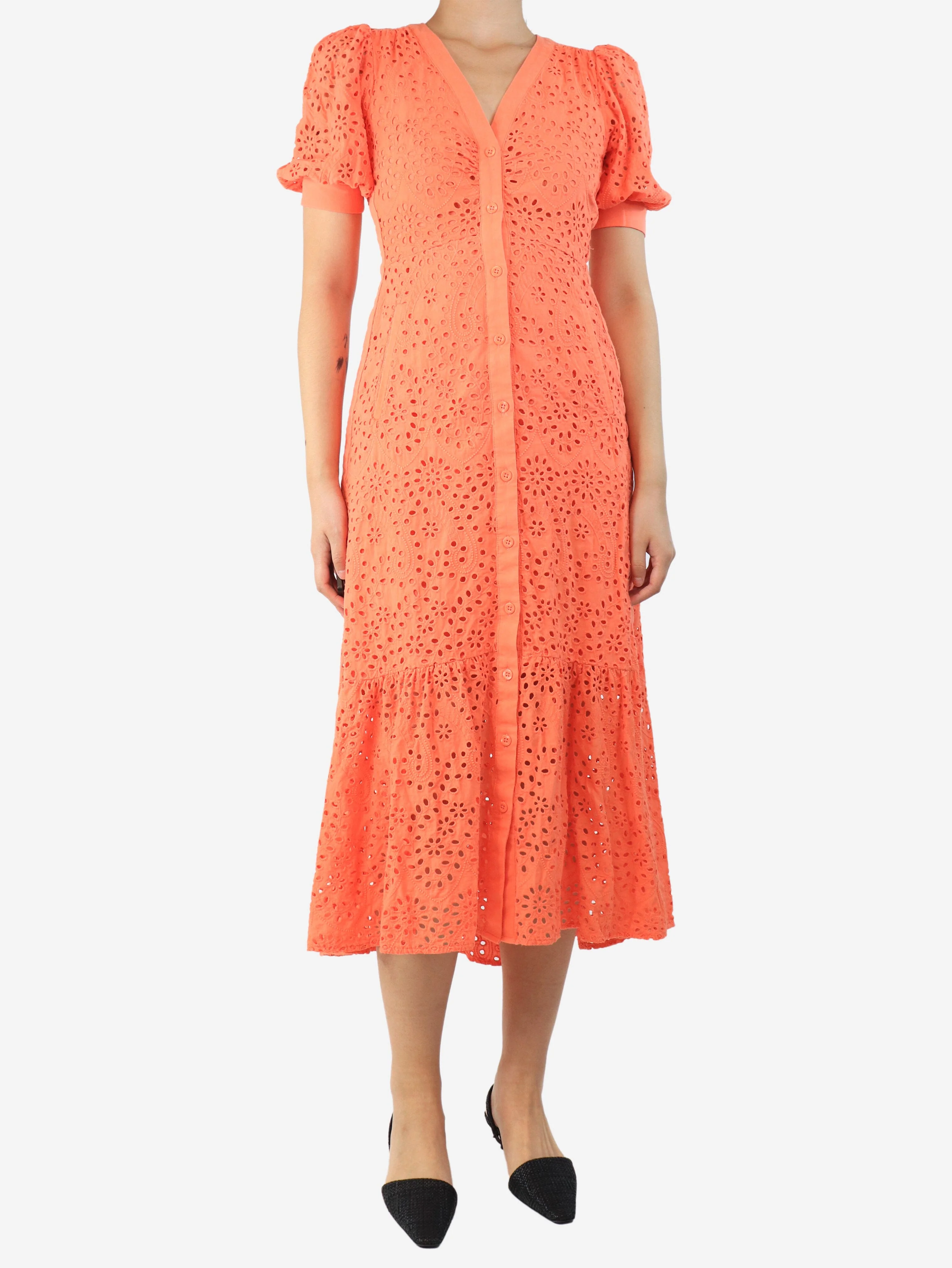 Coral broderie-anglaise midi dress - size UK 8 - Image 3