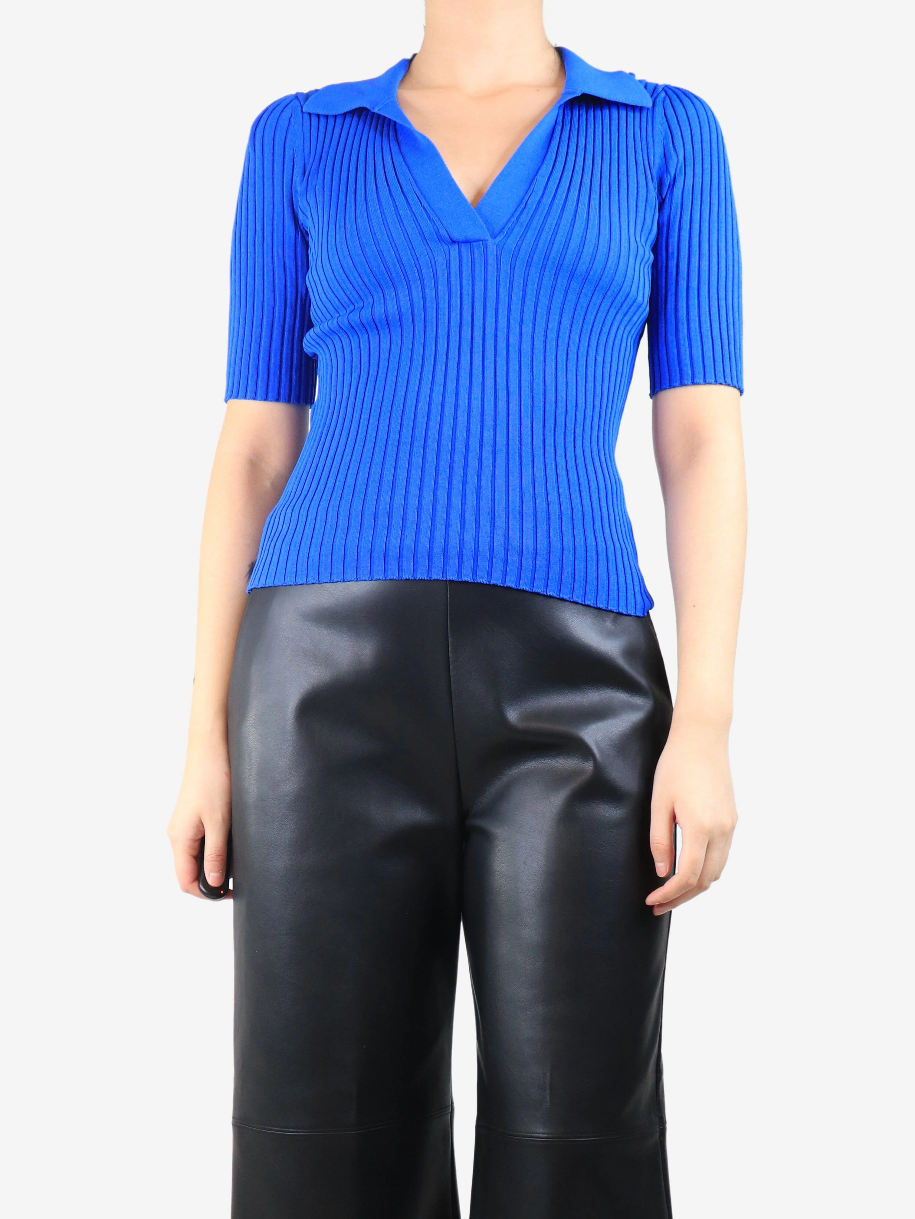 Electric blue ribbed v-neck top - size S