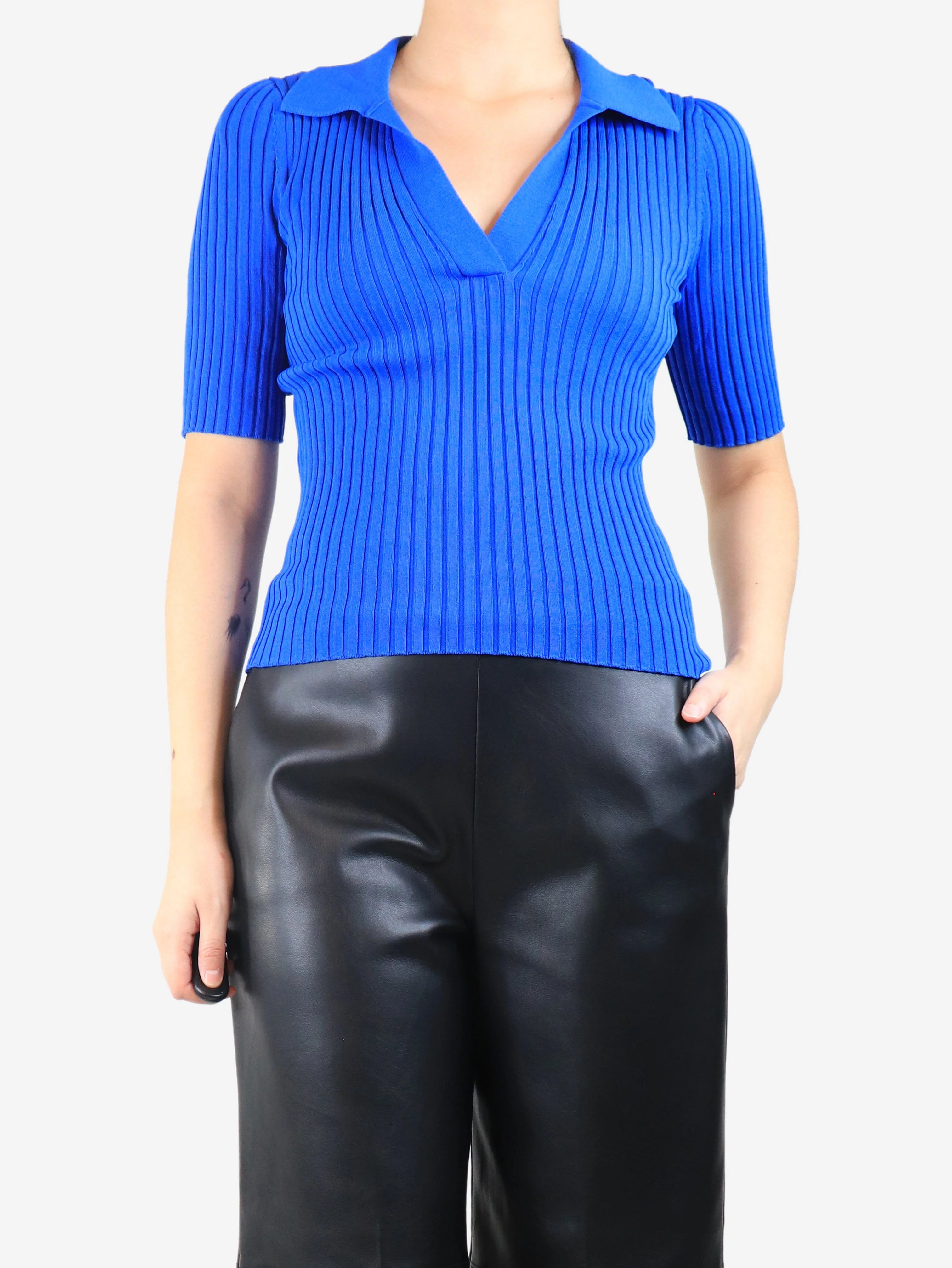 Electric blue ribbed v-neck top - size S - Image 3
