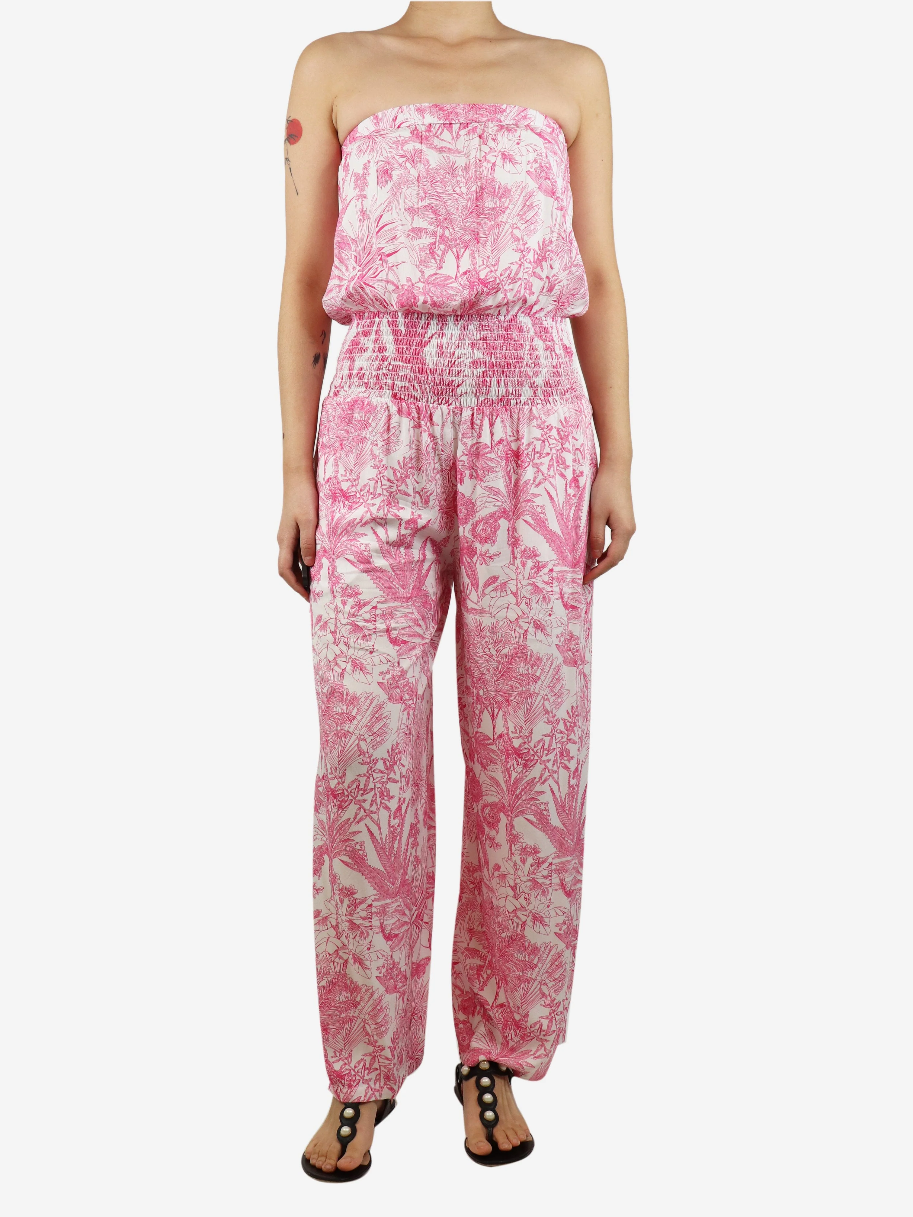 Pink and white floral wide-leg jumpsuit - size S
