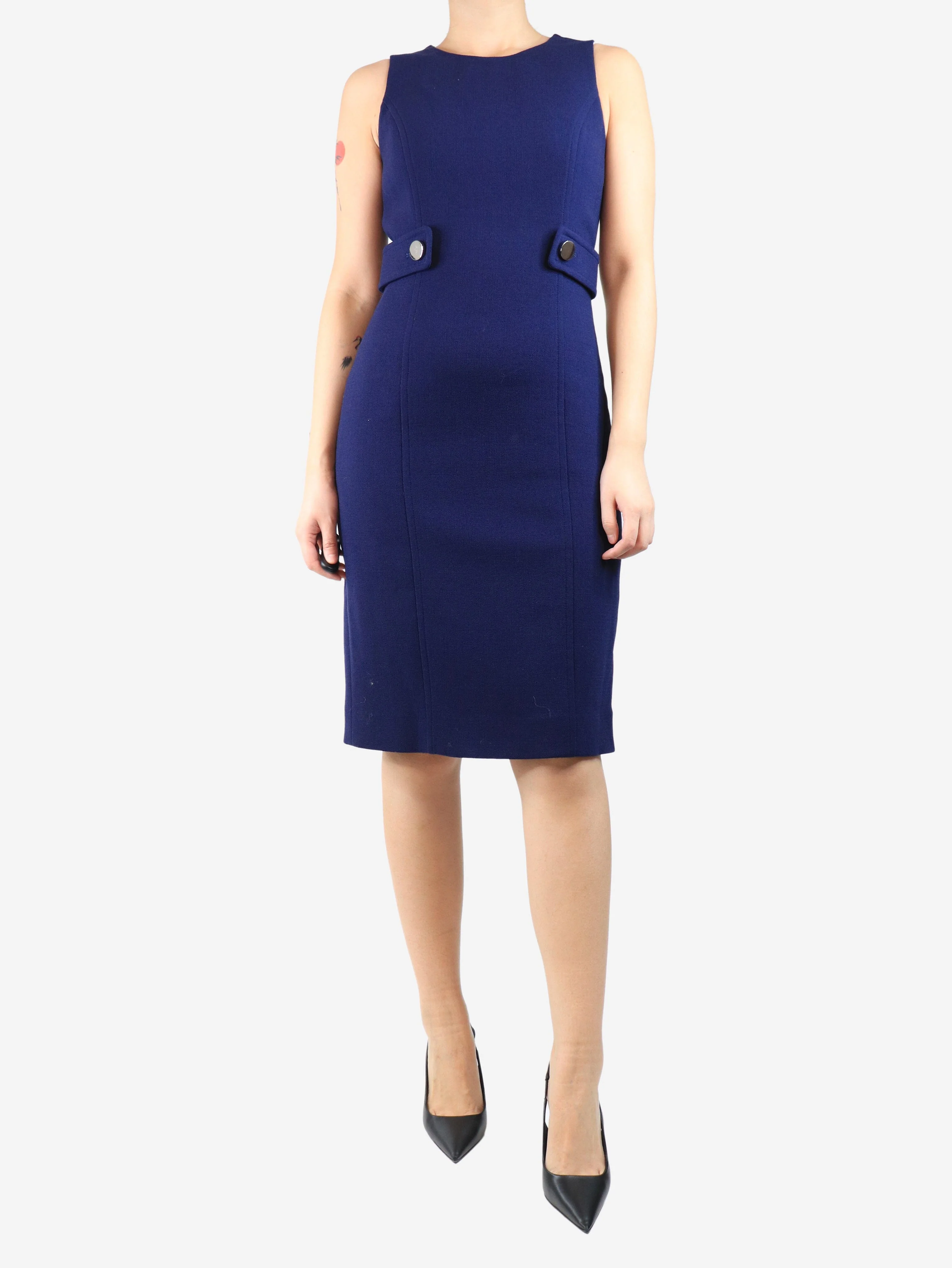 Blue sleeveless wool crepe midi dress - size UK 12