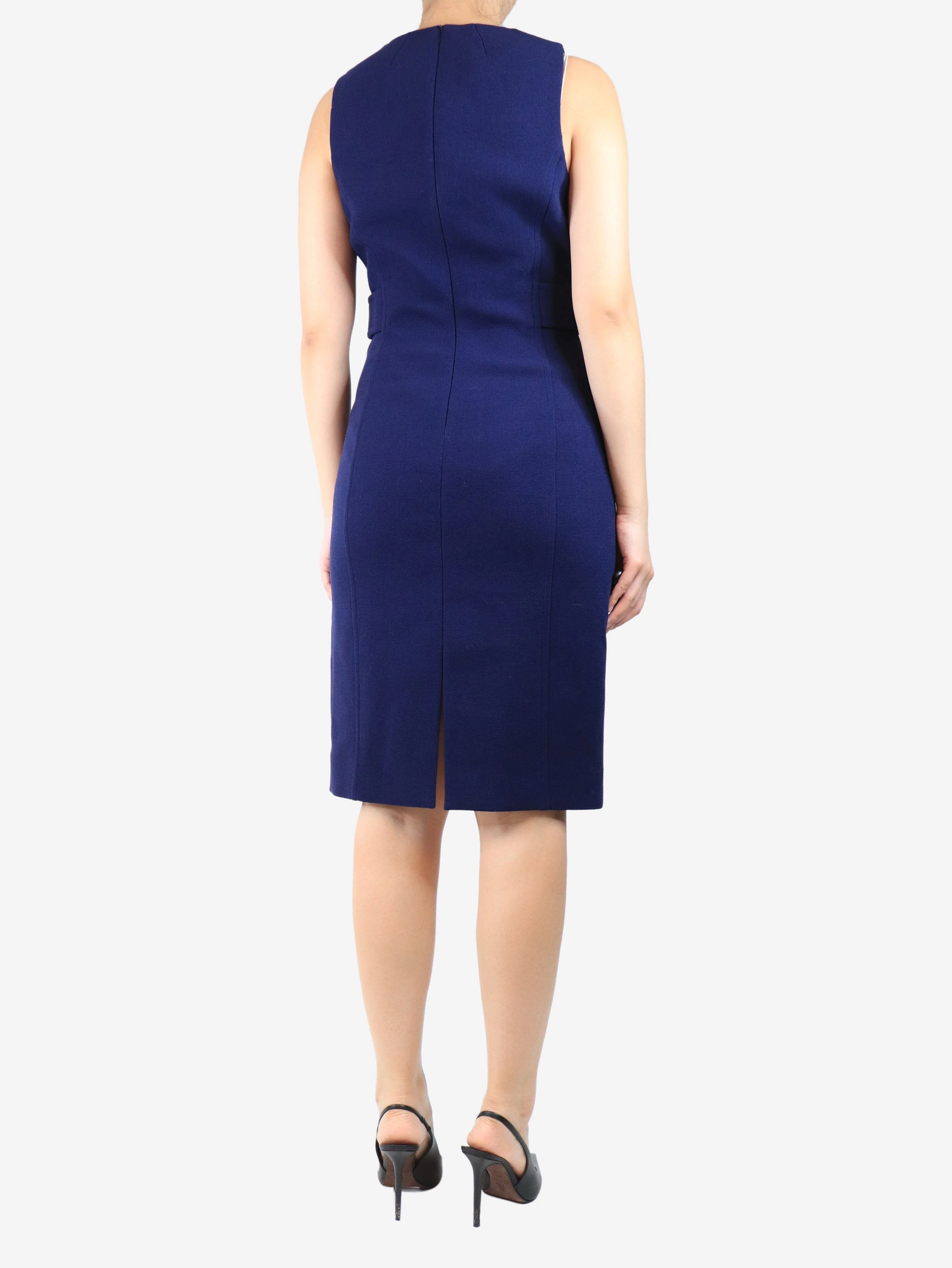 Blue sleeveless wool crepe midi dress - size UK 12 - Image 2