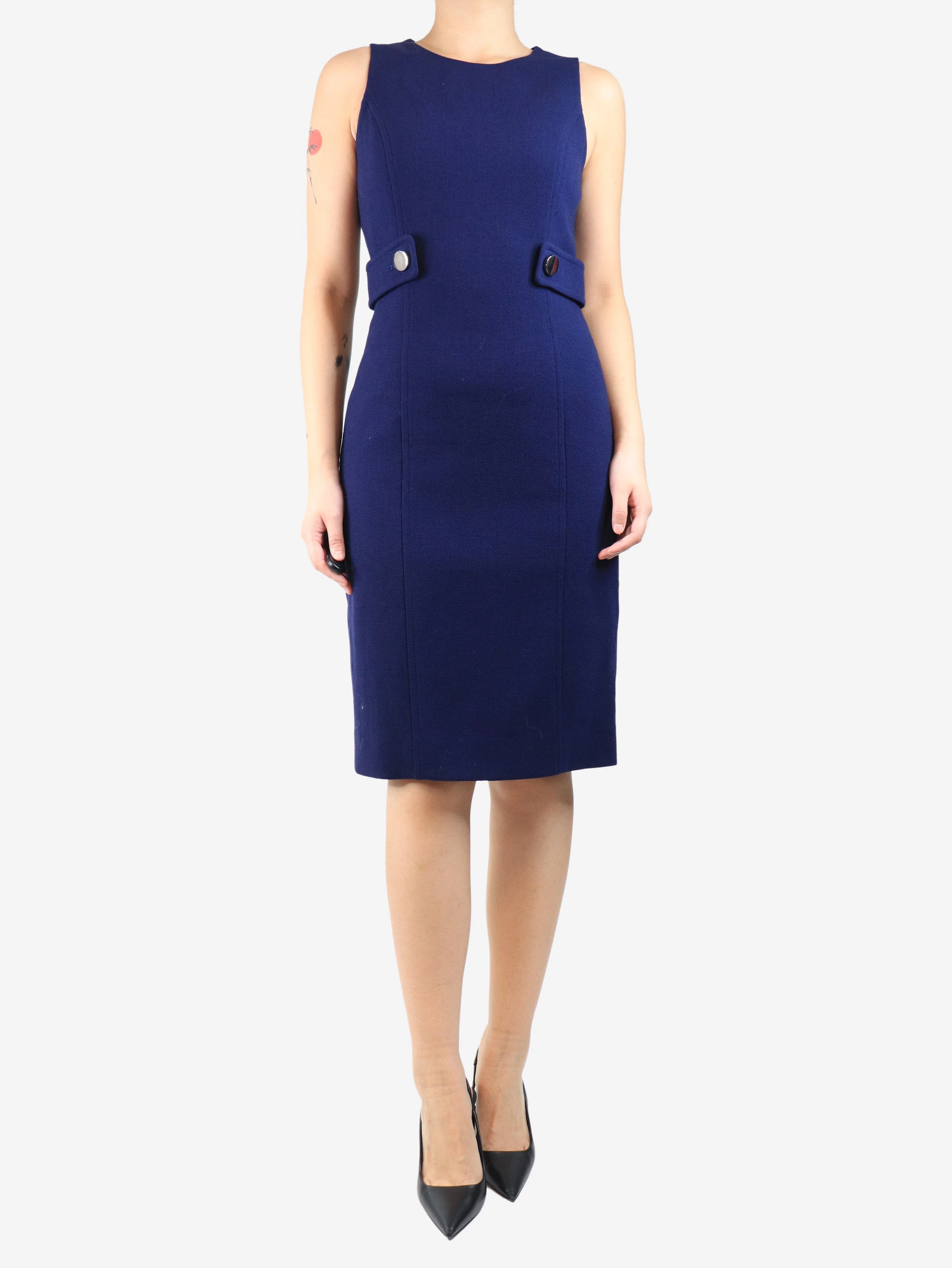 Blue sleeveless wool crepe midi dress - size UK 12 - Image 3