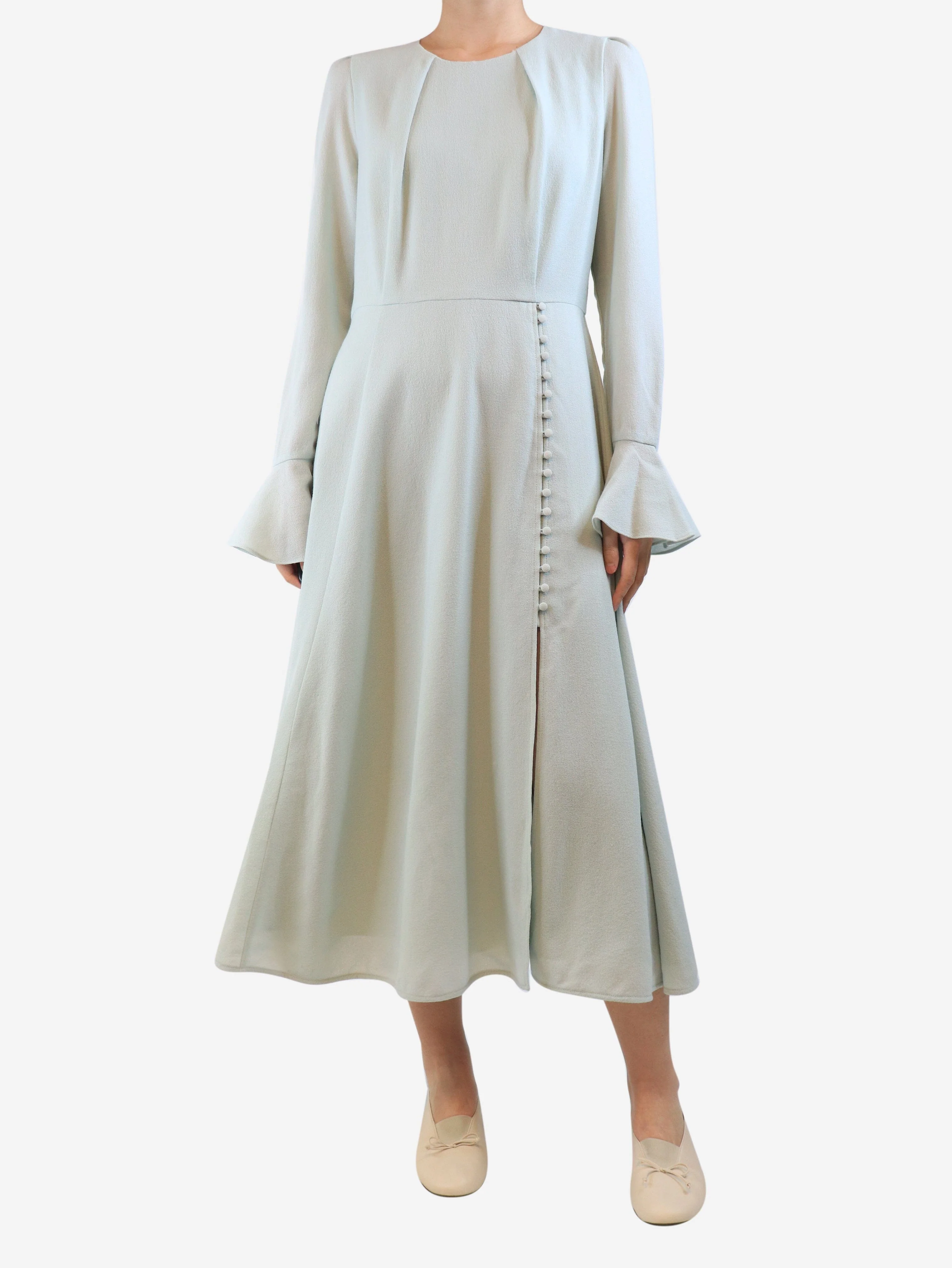 Mint green button detail long-sleeved dress - size UK 12