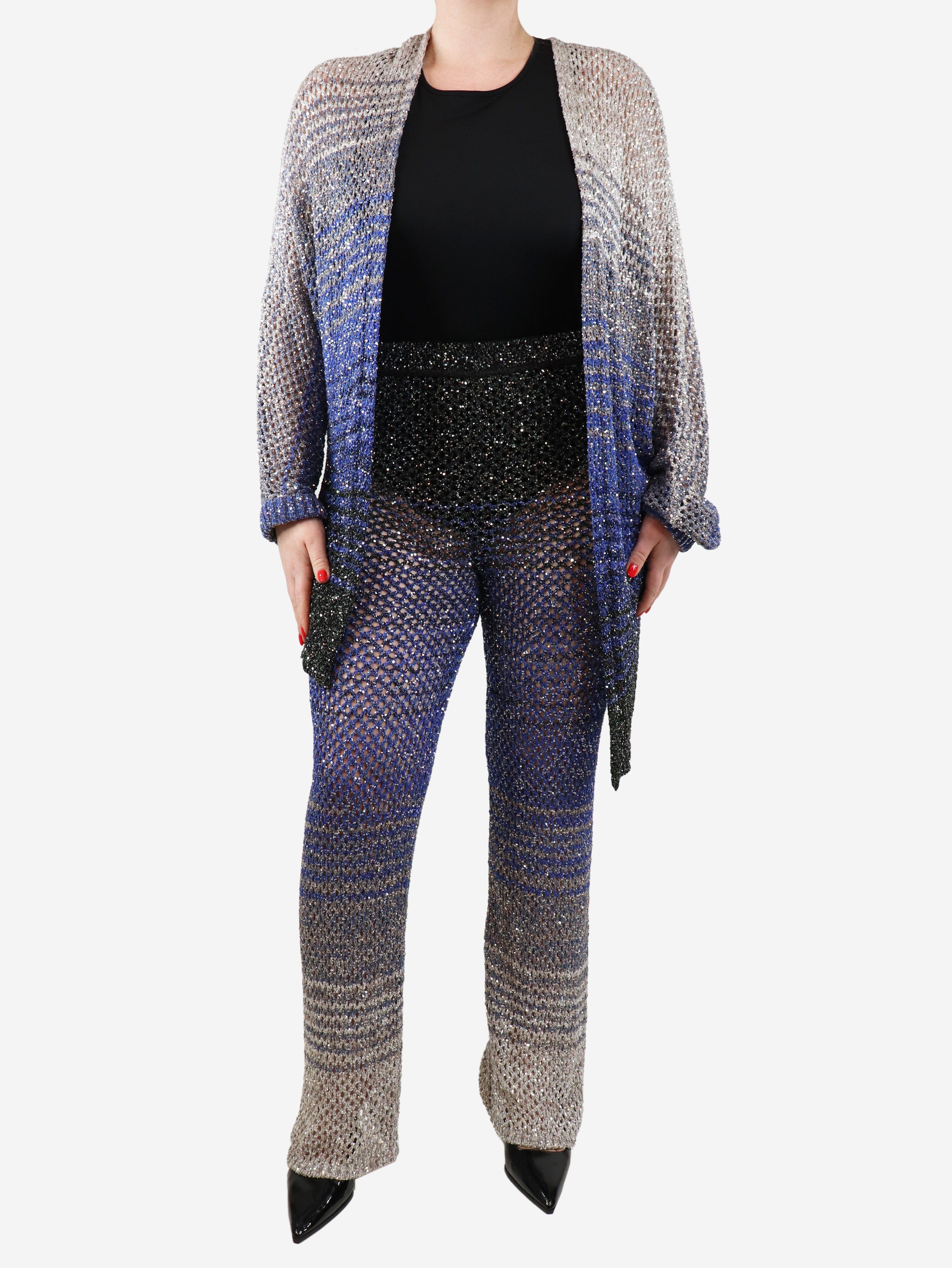 Blue crochet sequin cardigan and trousers set - UK 14