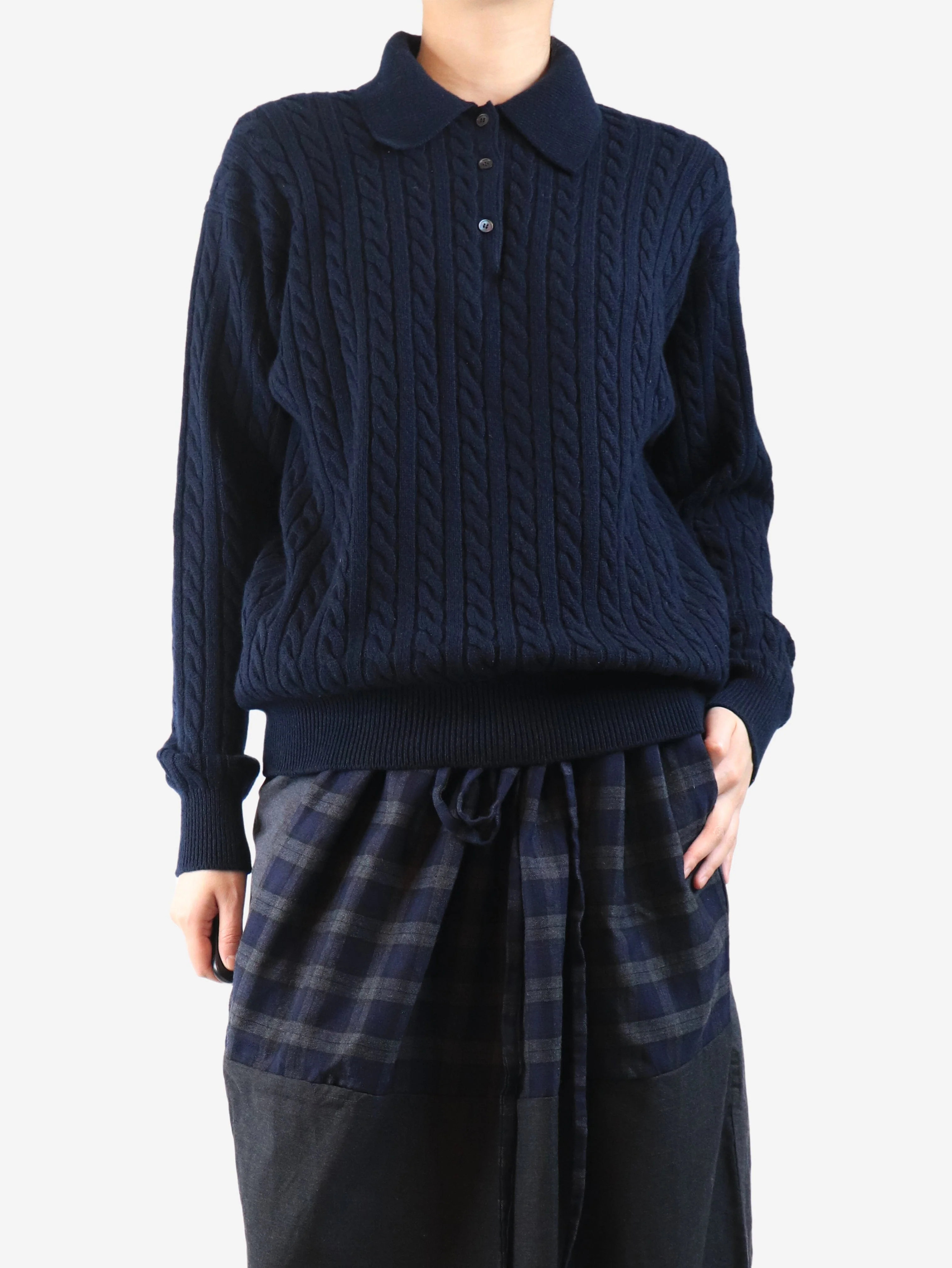 Navy cable knit polo sweater - size UK 4 - Image 3