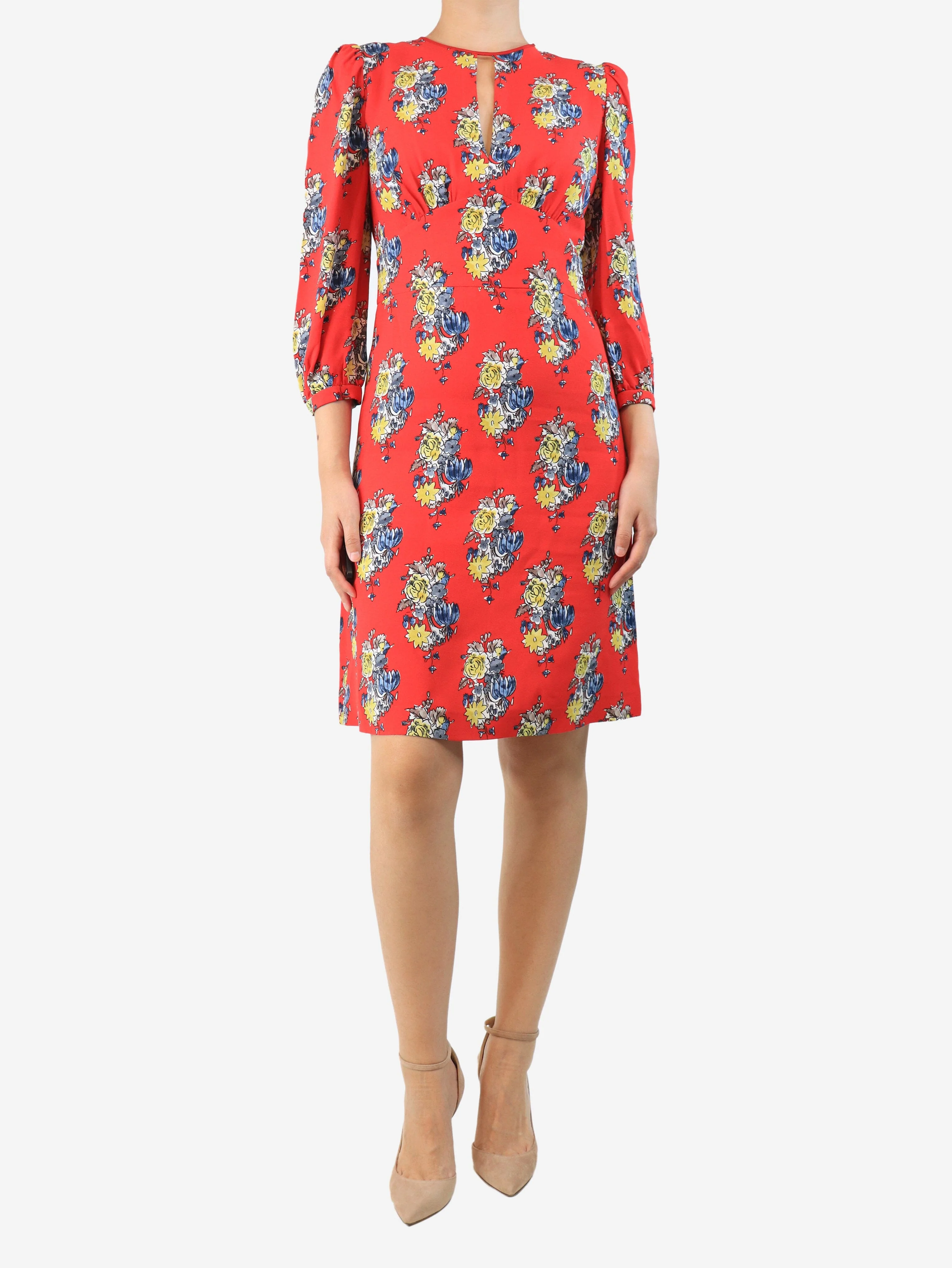 Red floral printed mini dress - size UK 8