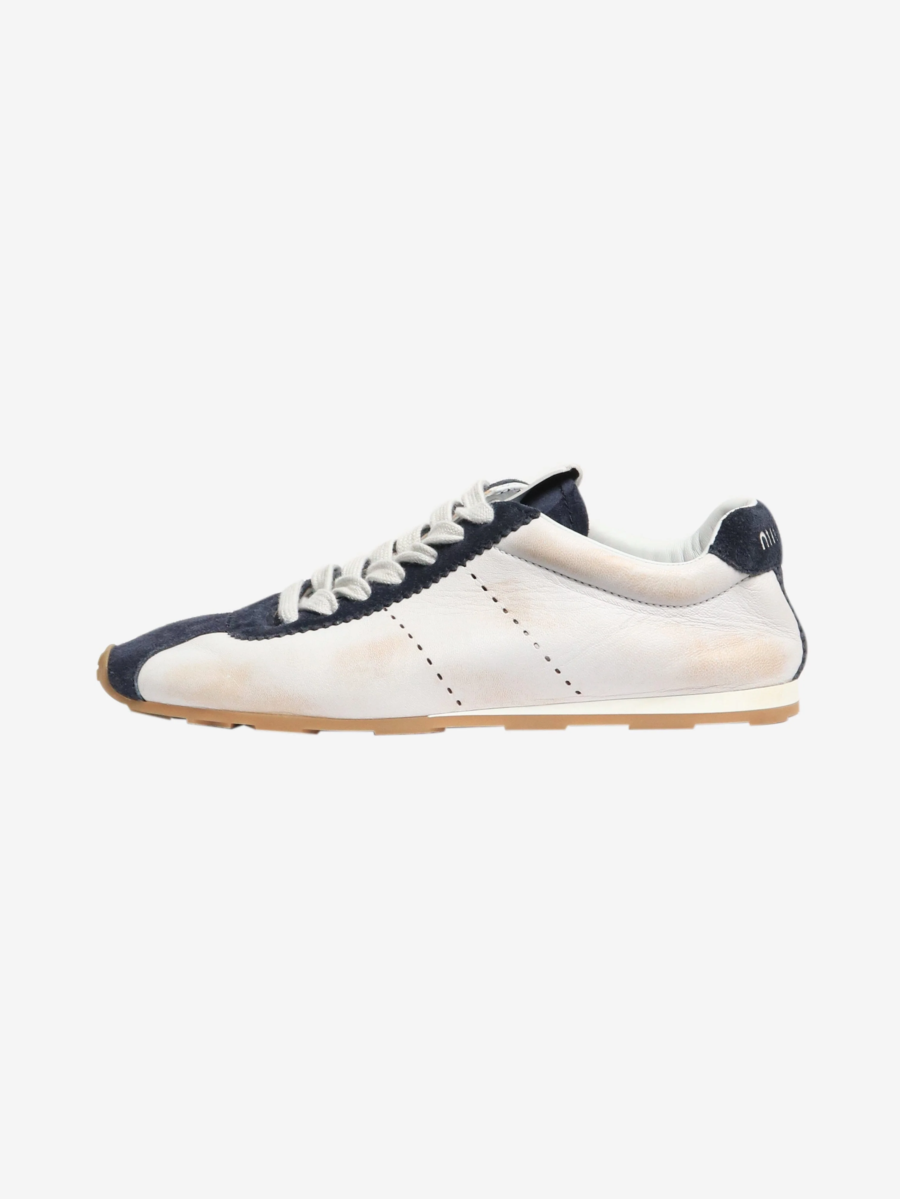 White and navy Plume leather-suede trainers - size EU 38