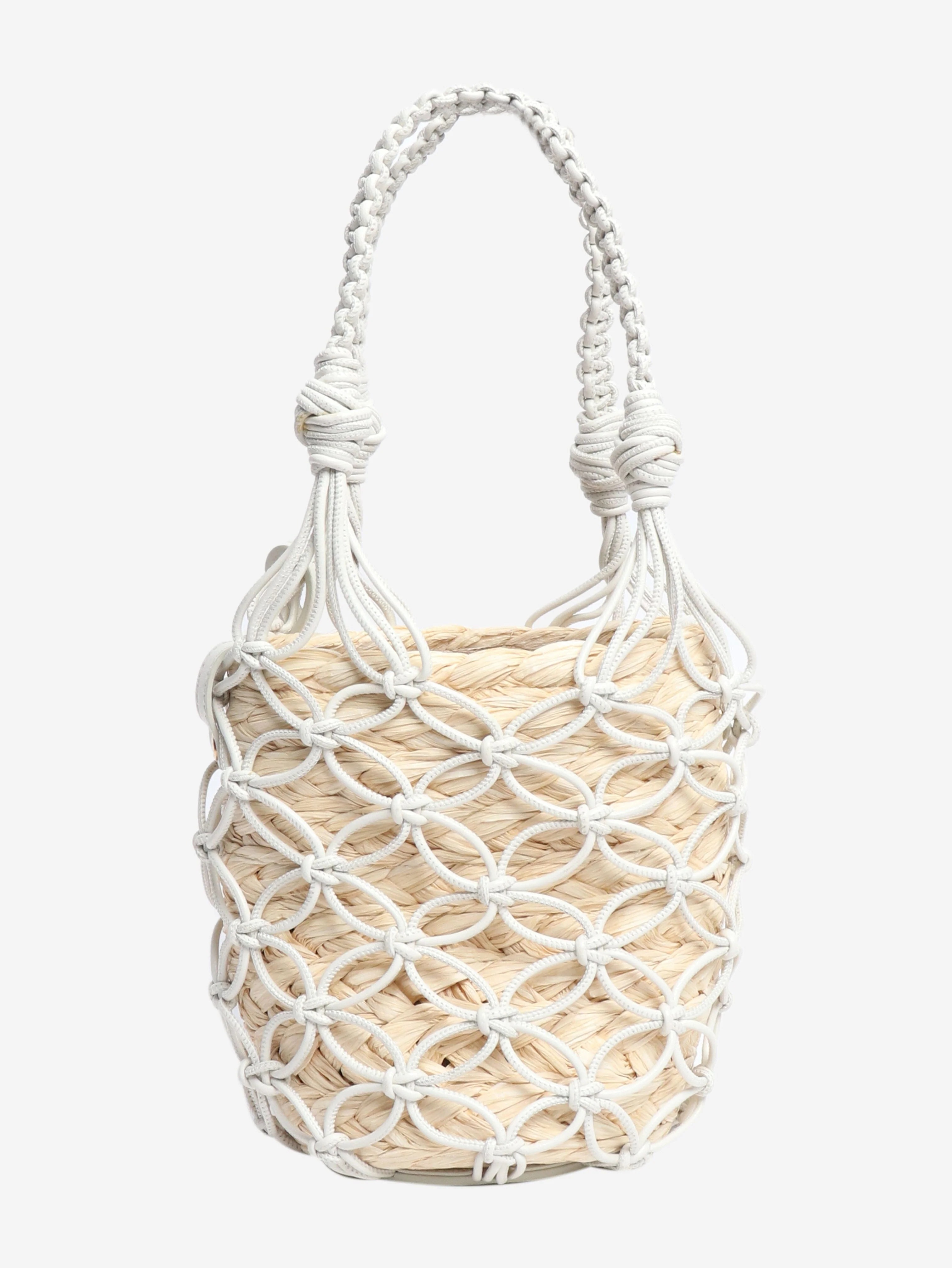 White raffia woven bucket bag