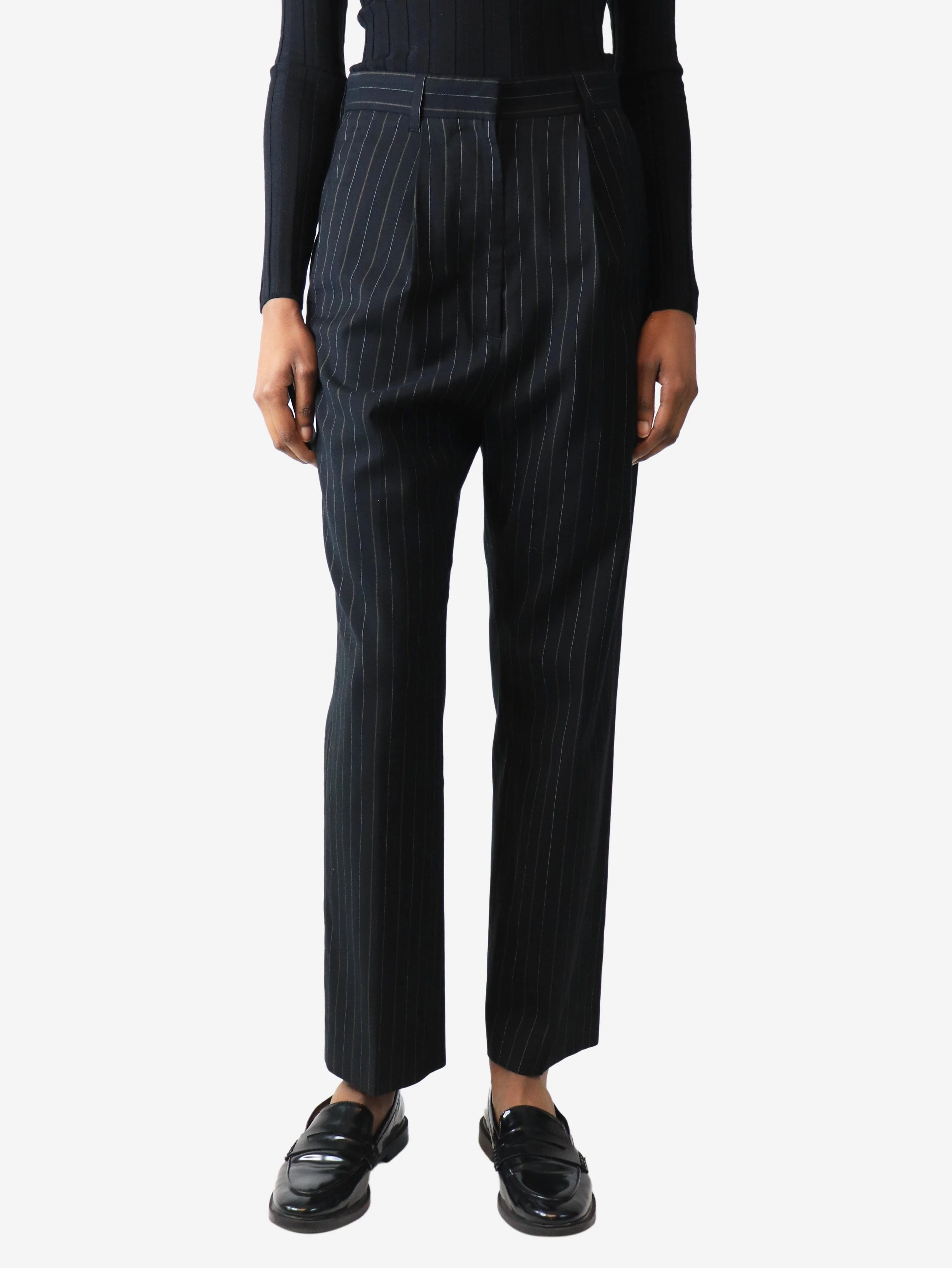 Black pinstripe tapered trousers - size UK 6