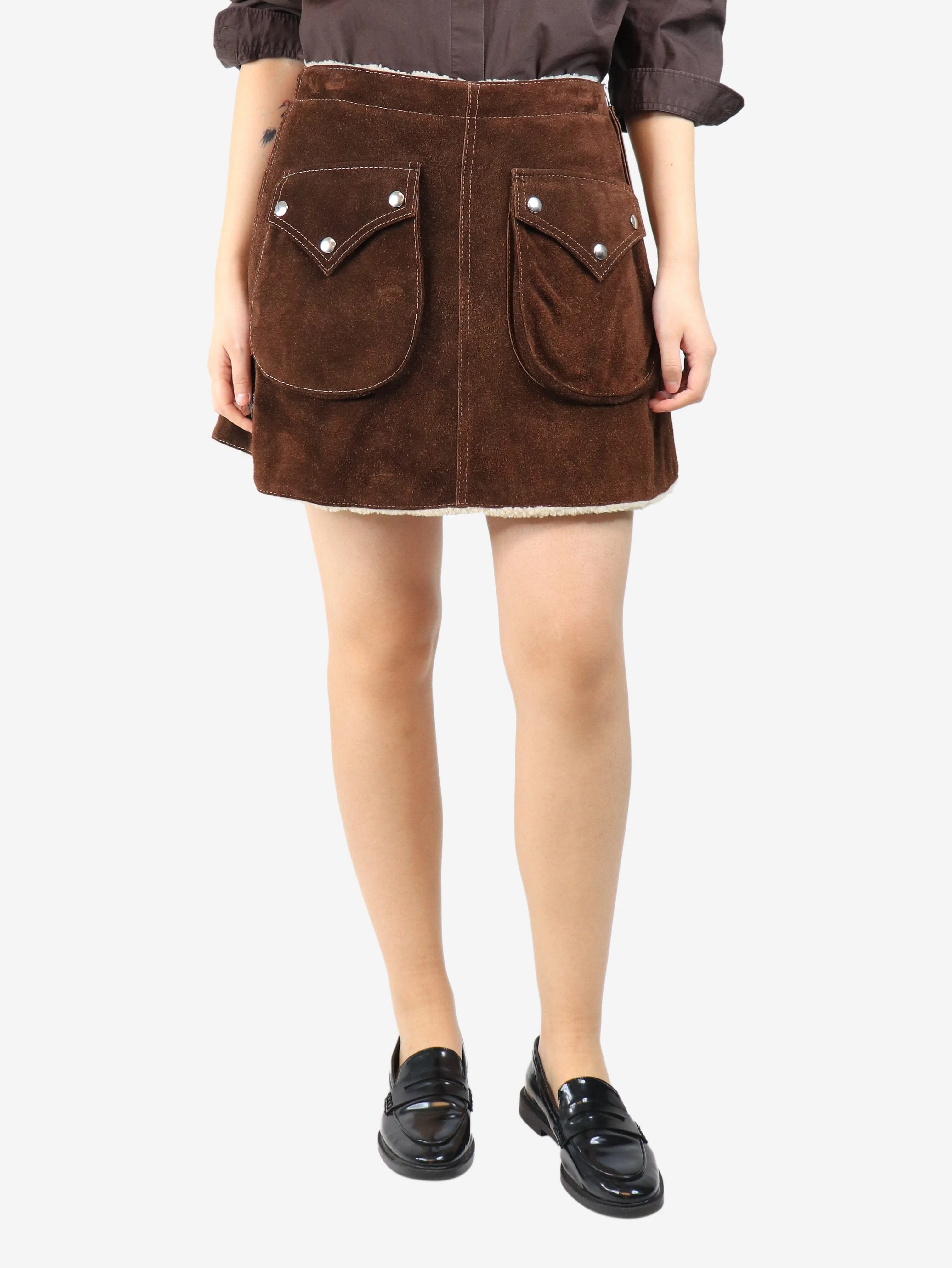 Brown shearling mini skirt - size UK 12