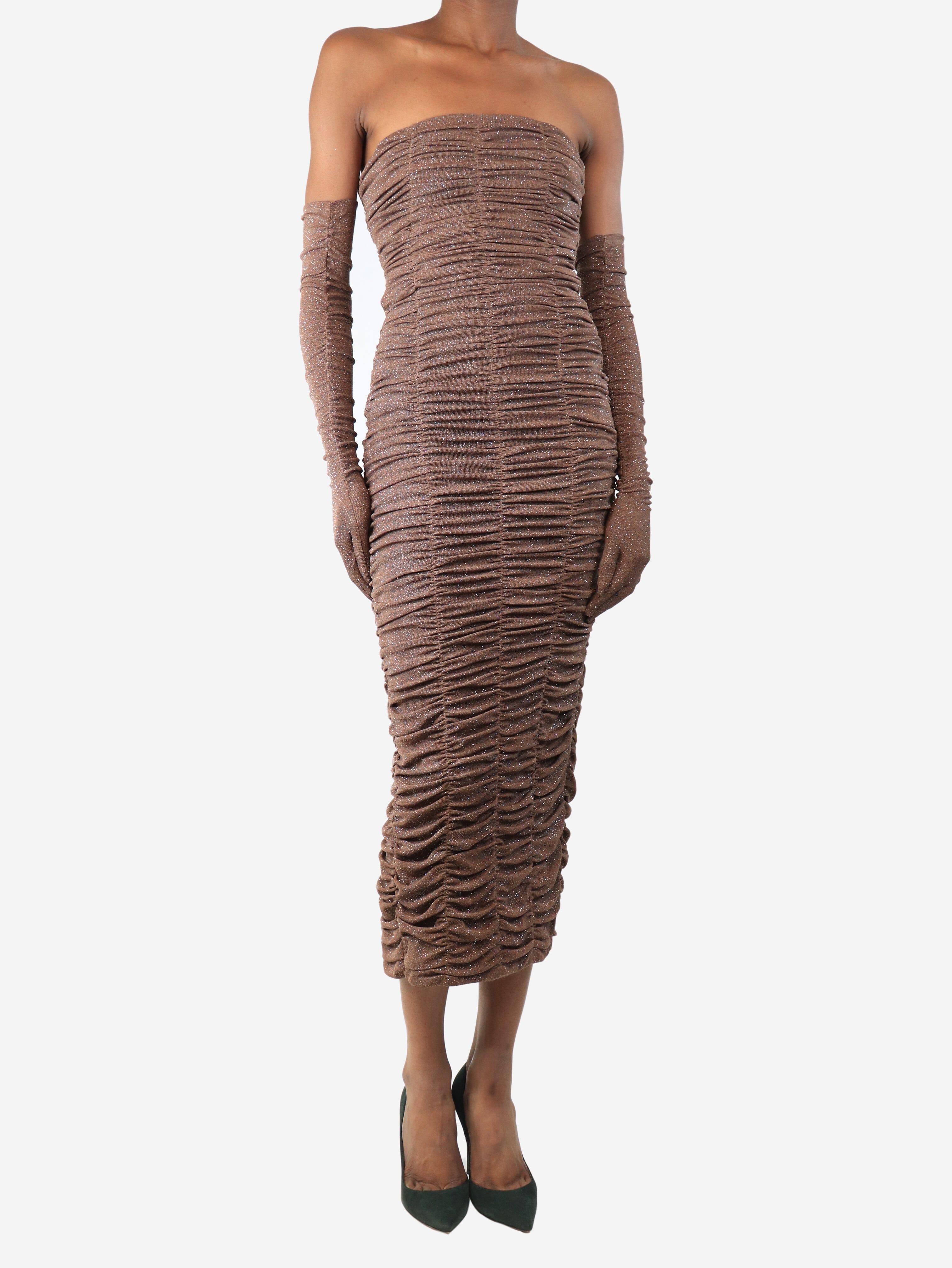Mocha brown glittery ruched bodycon dress with gloves - size UK 6 - Image 3