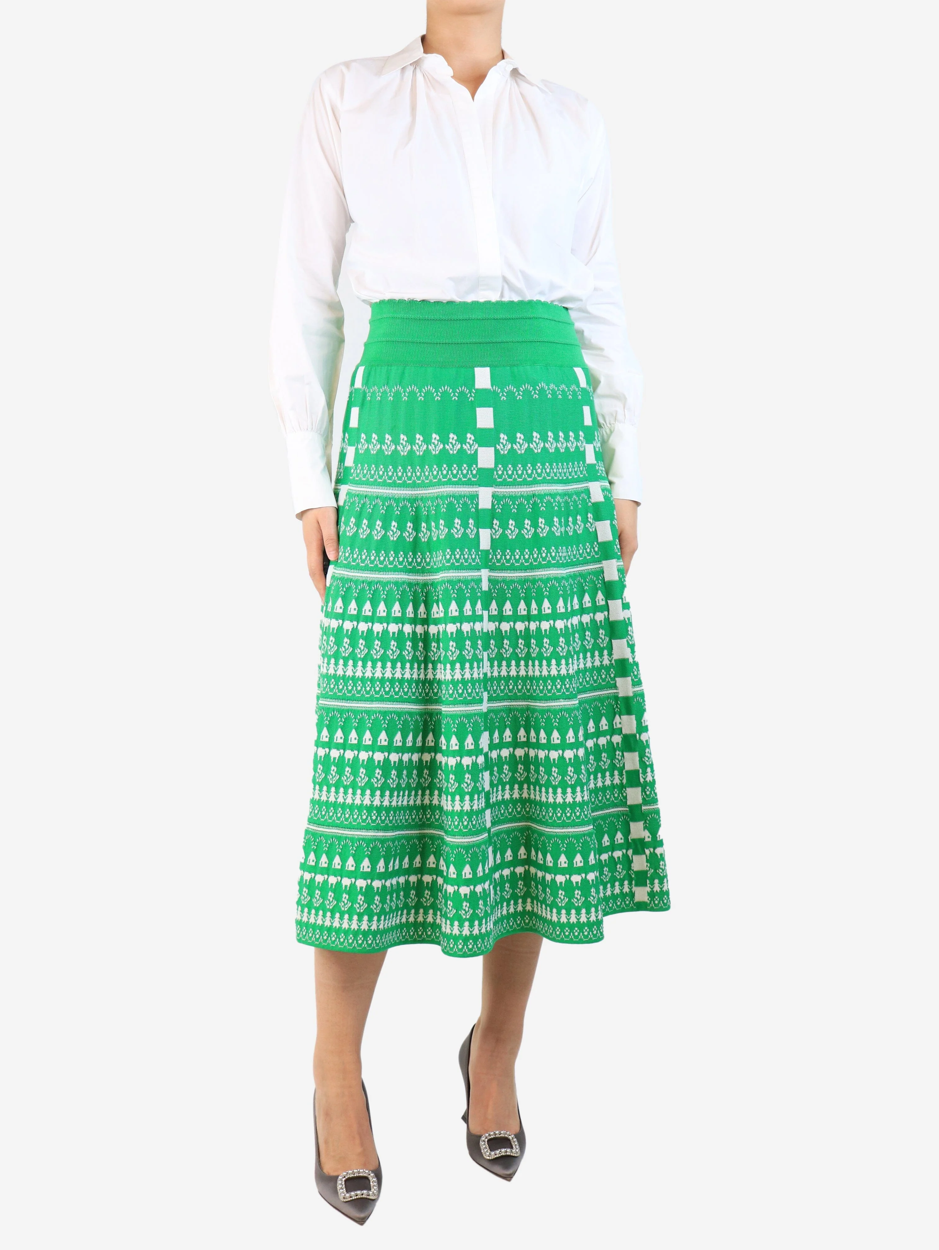 Green and white knit midi skirt - size L - Image 2