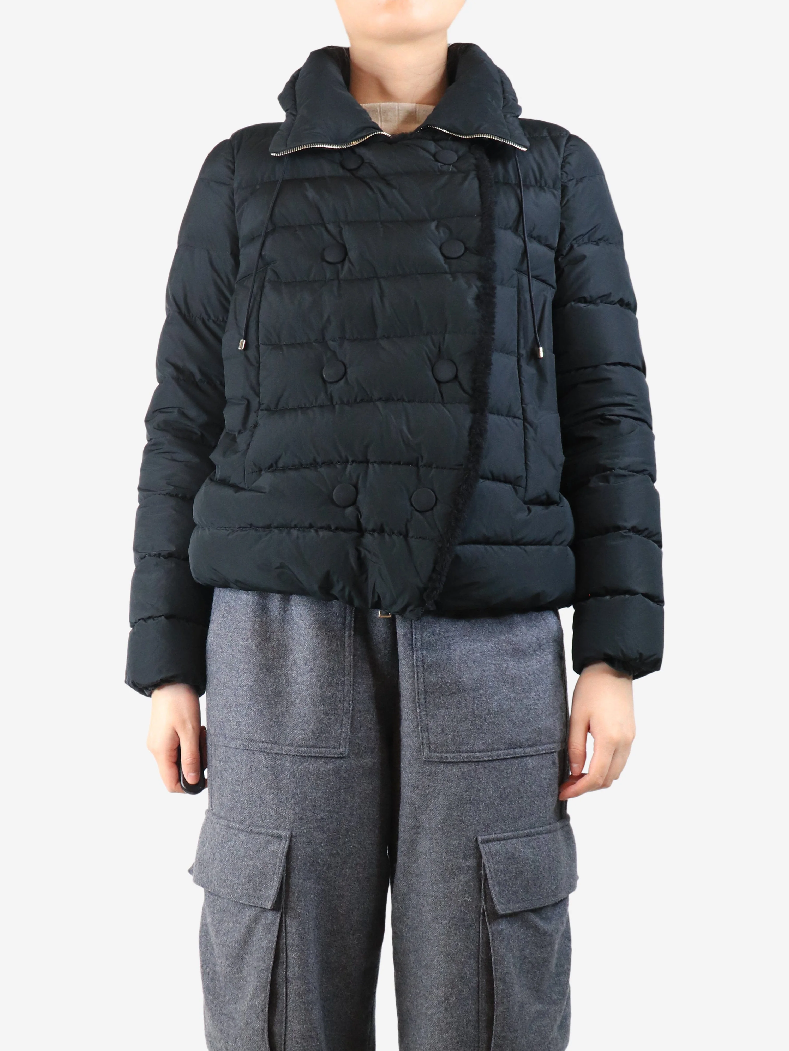 Black double breasted puffer coat - size UK 12