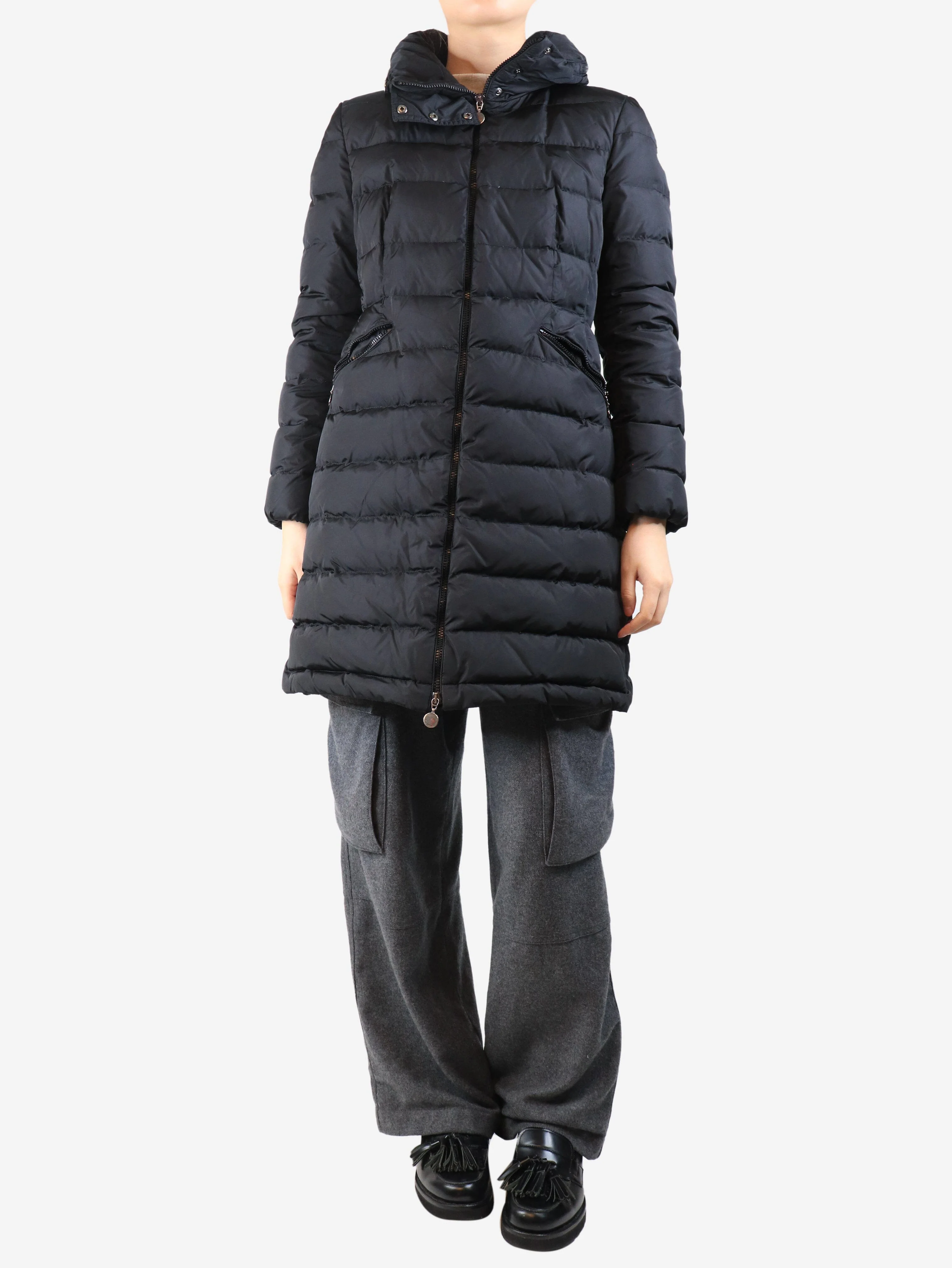Black long puffer coat - size UK 14