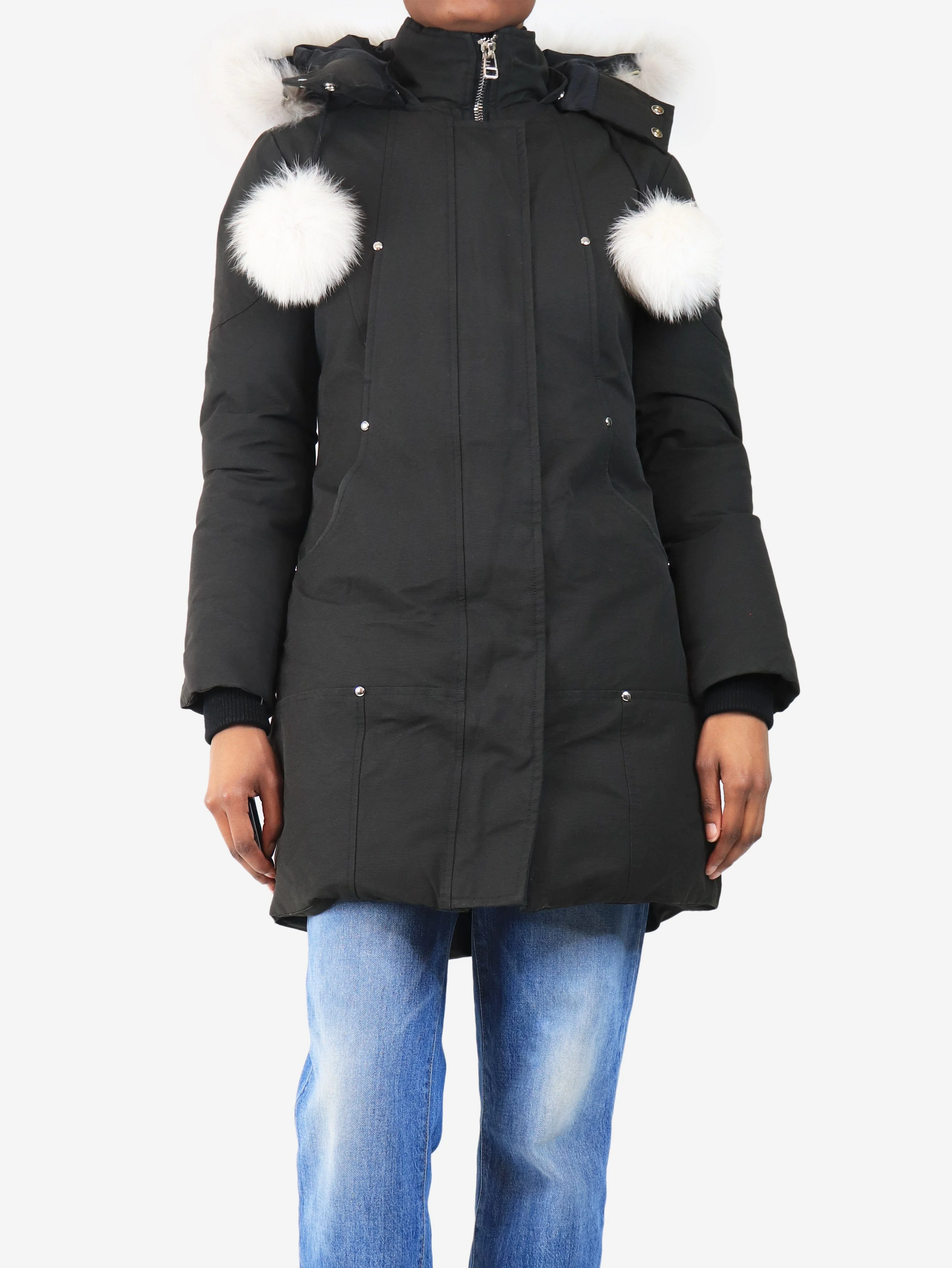Black down jacket with fur hood - size S