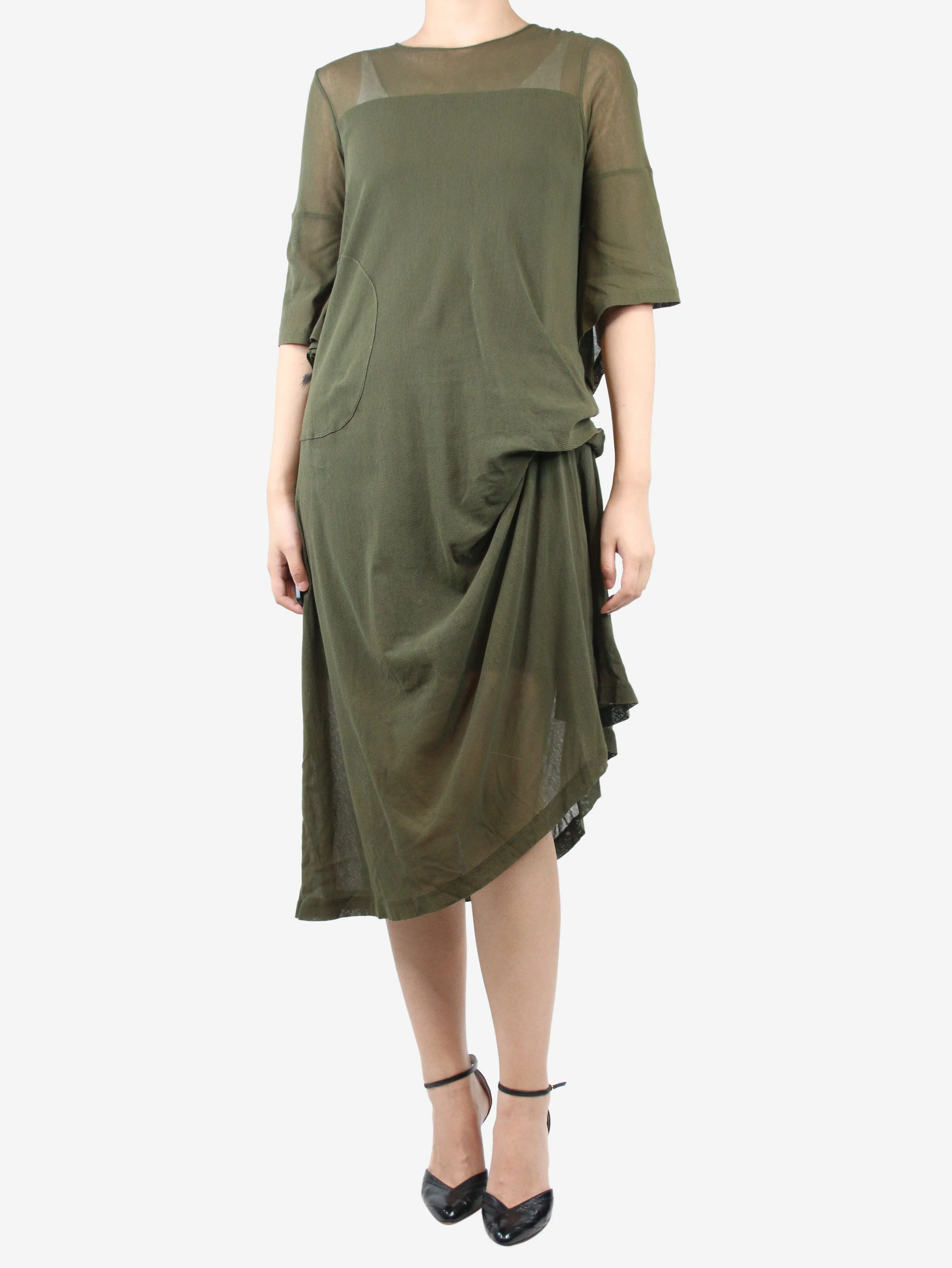 Green asymmetric gathered mesh midi dress - size M