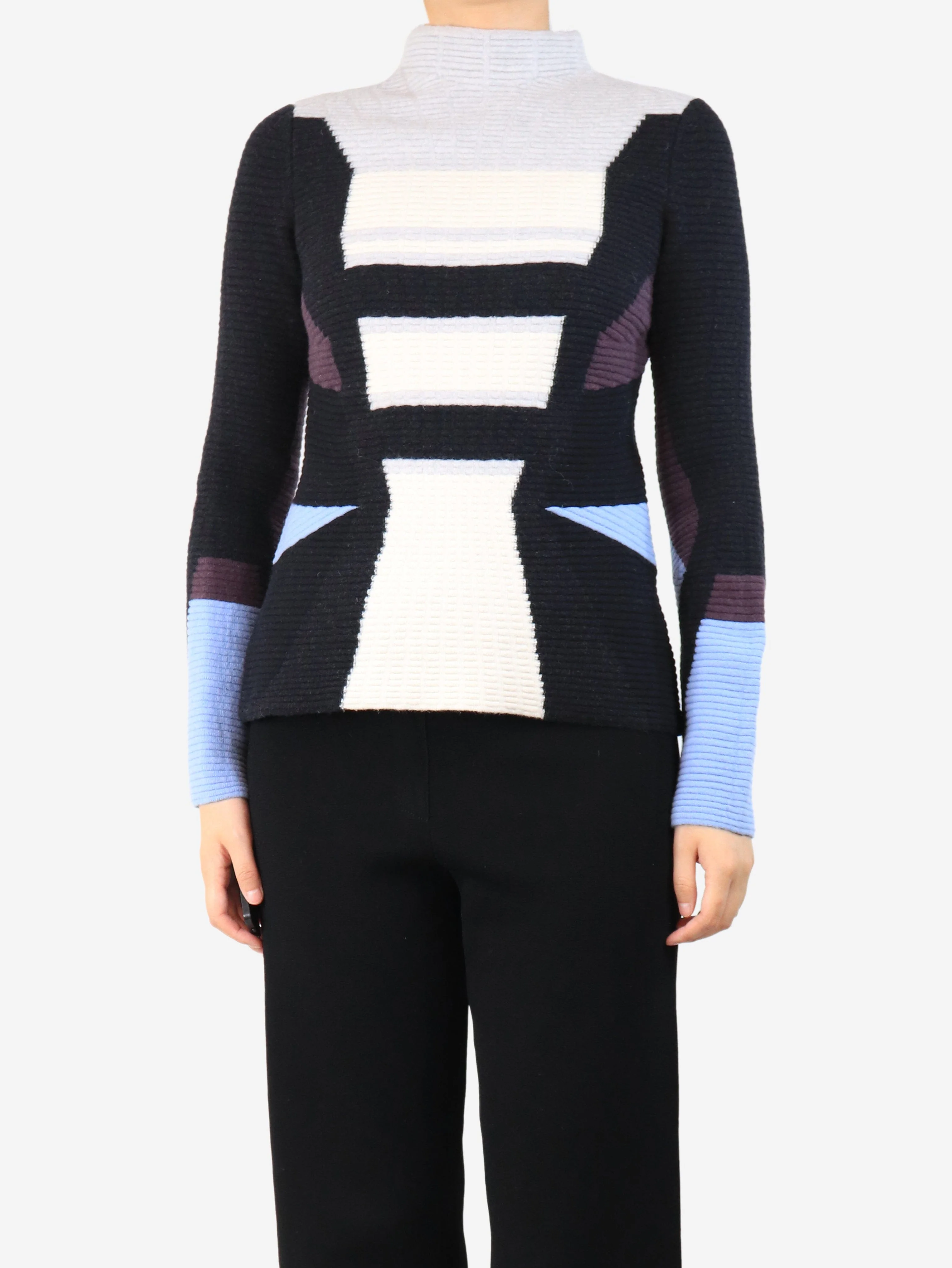 Multi coloured mock neck knit top - size UK 10