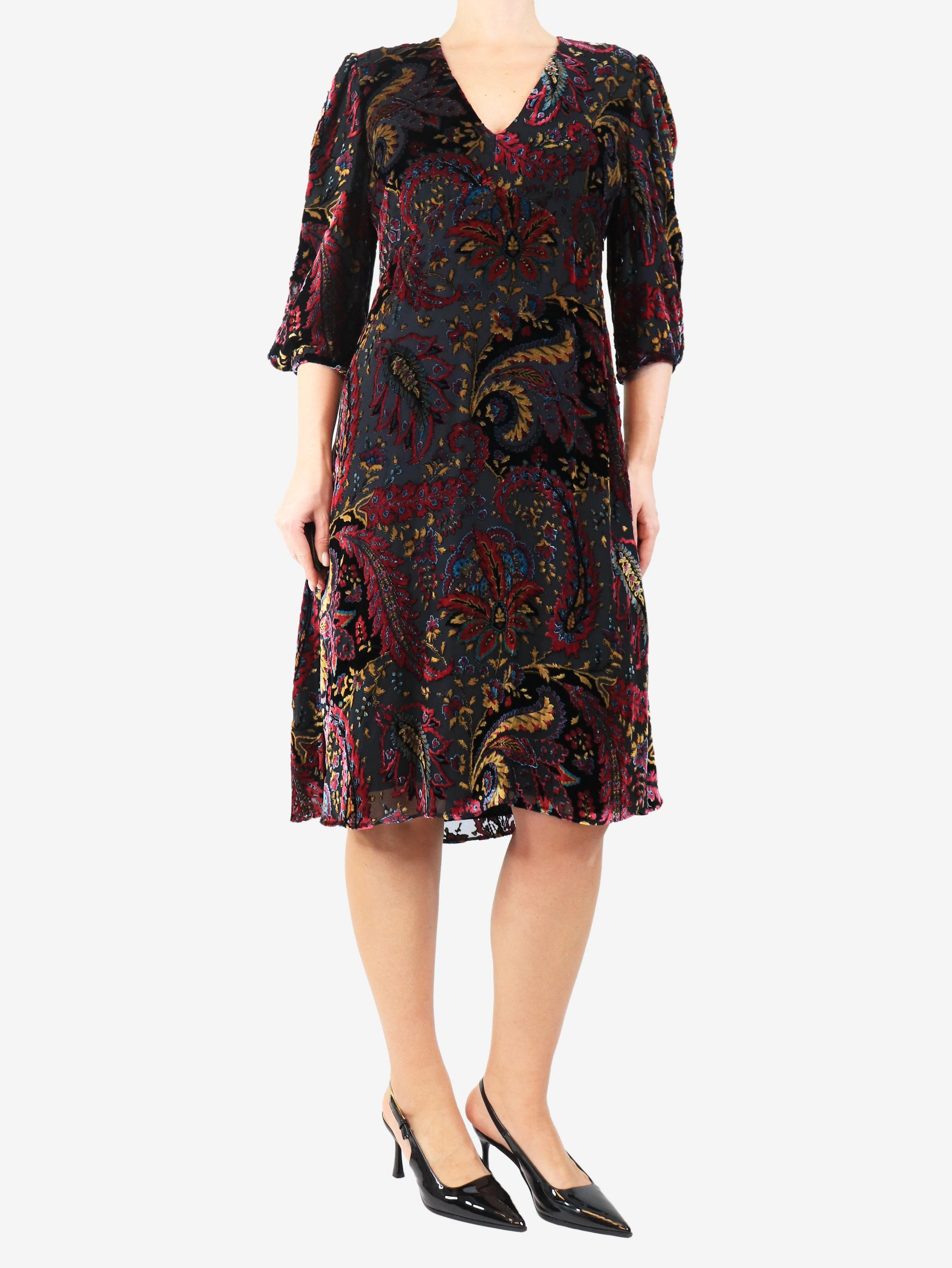 Multicolour paisley velour midi dress - size UK 12