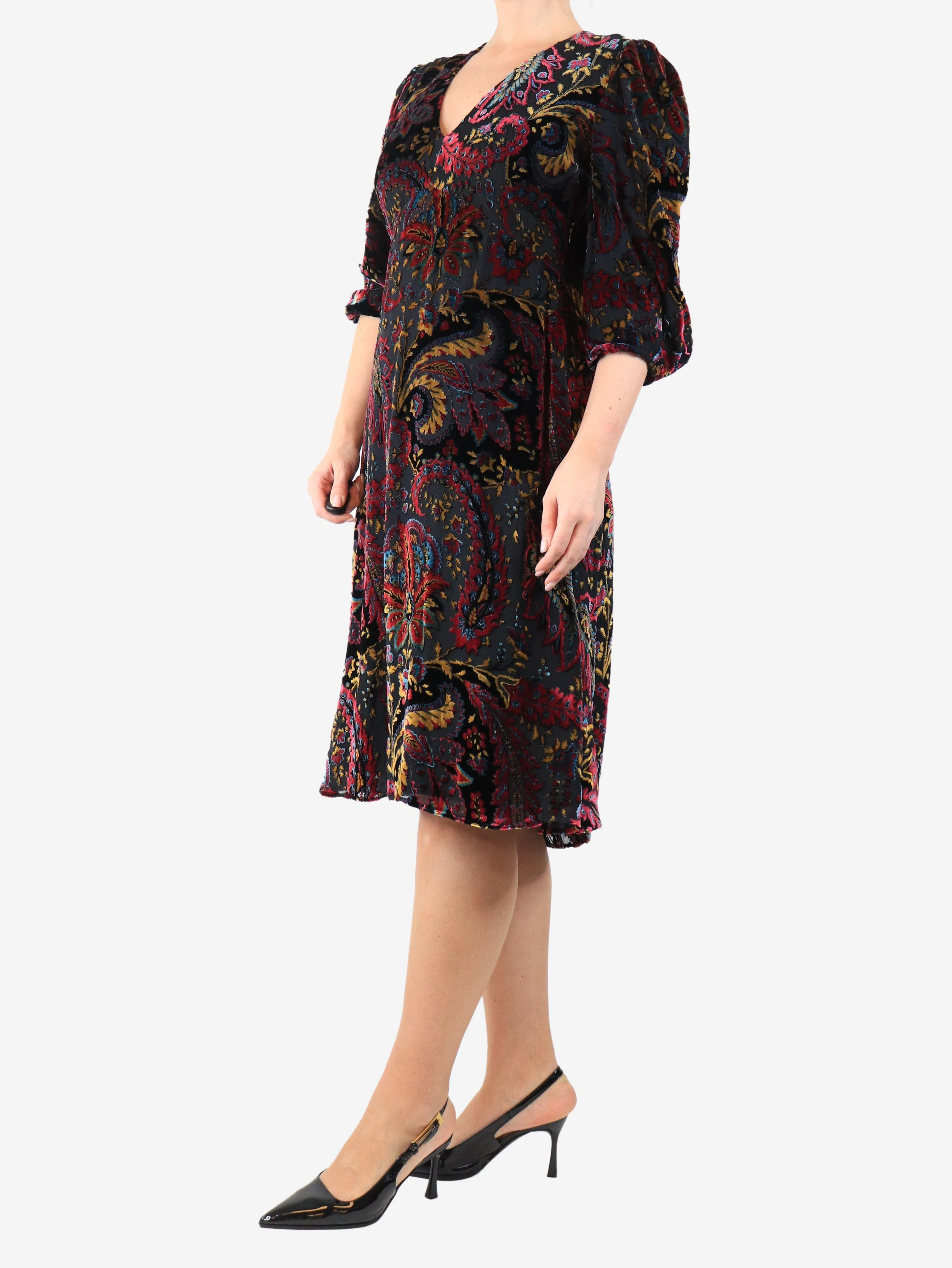 Multicolour paisley velour midi dress - size UK 12 - Image 3