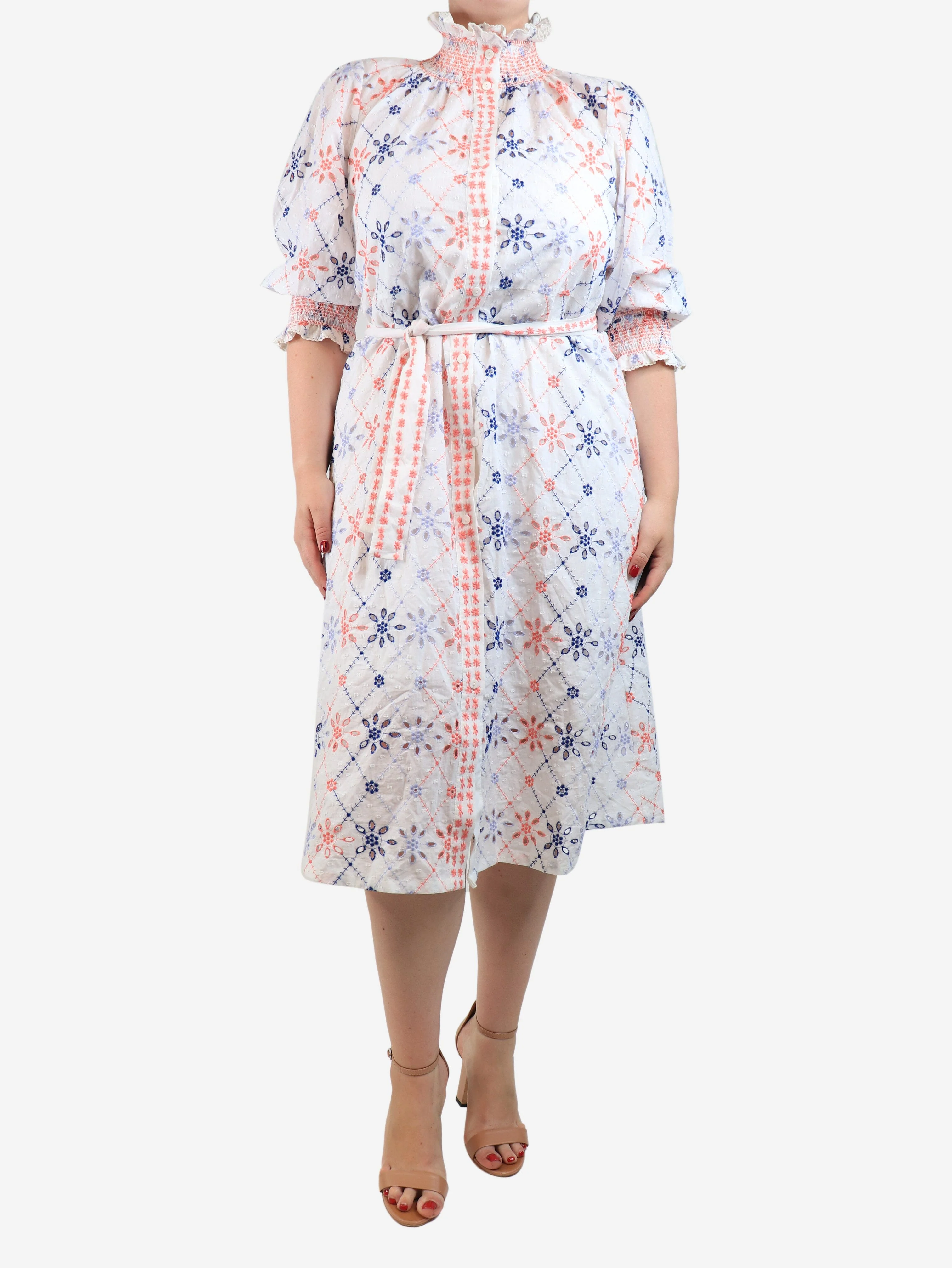 White embroidered buttoned-front midi dress - size M