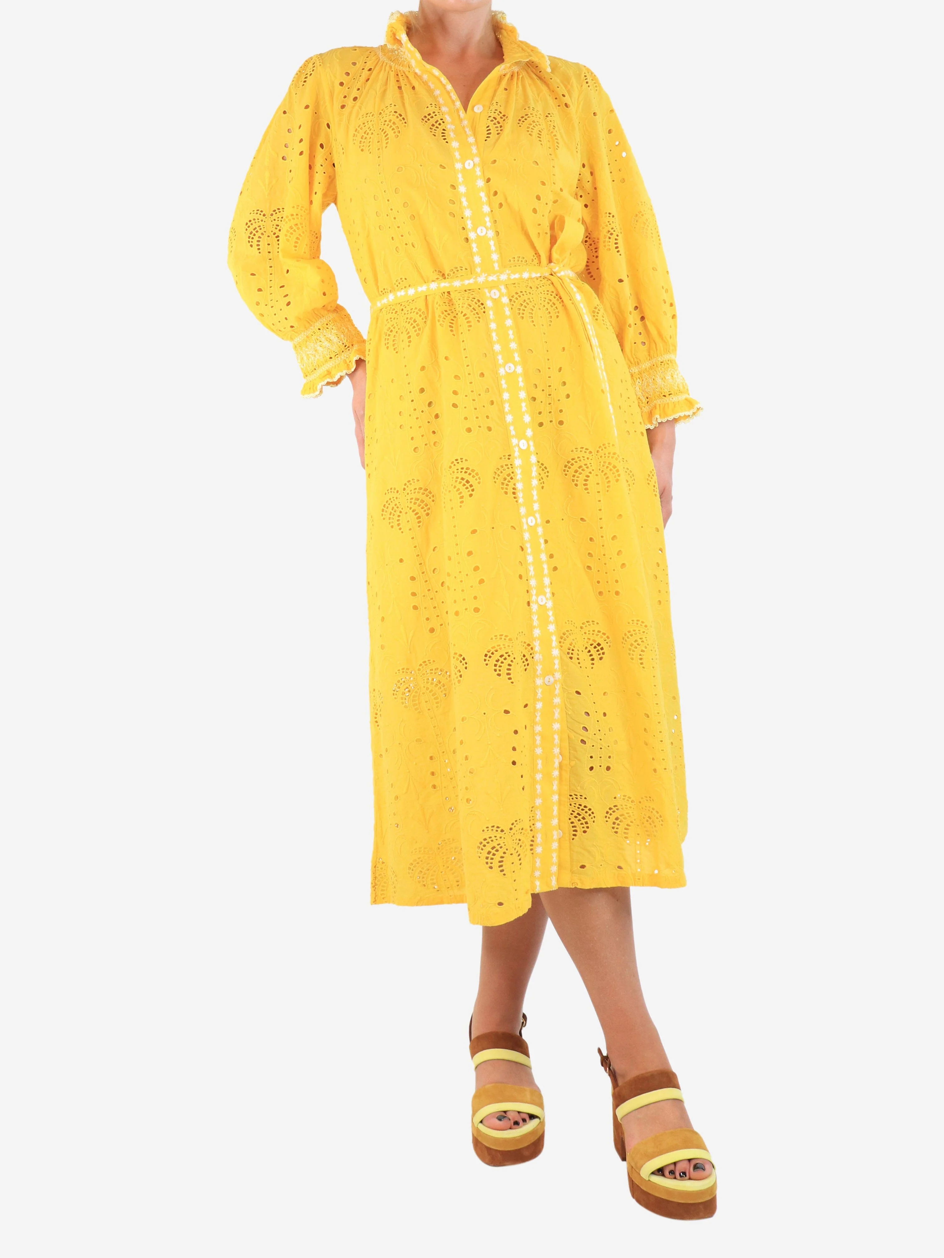 Yellow belted broderie midi dress - size M - Image 3