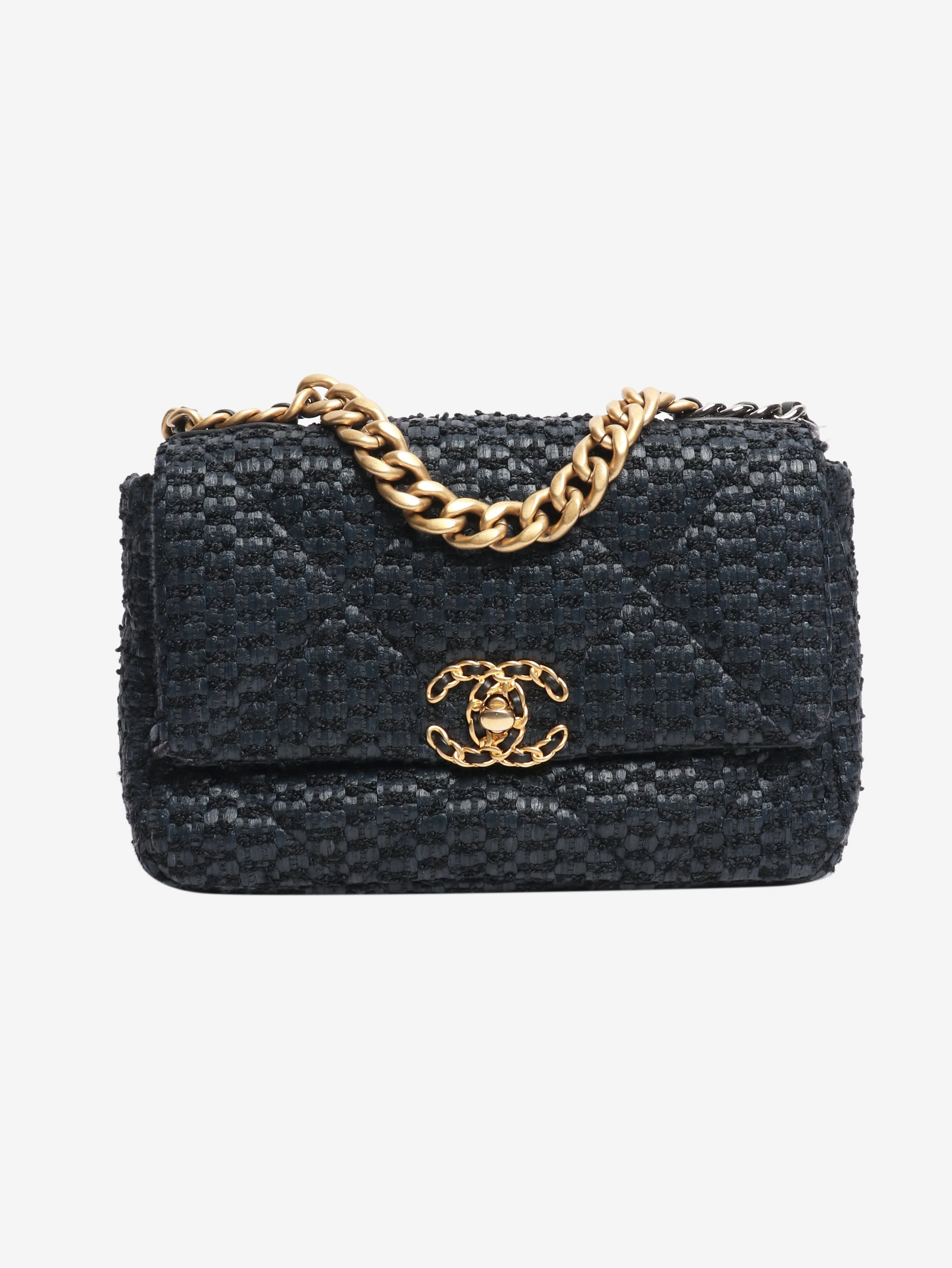 Navy 19 raffia tweed flap bag