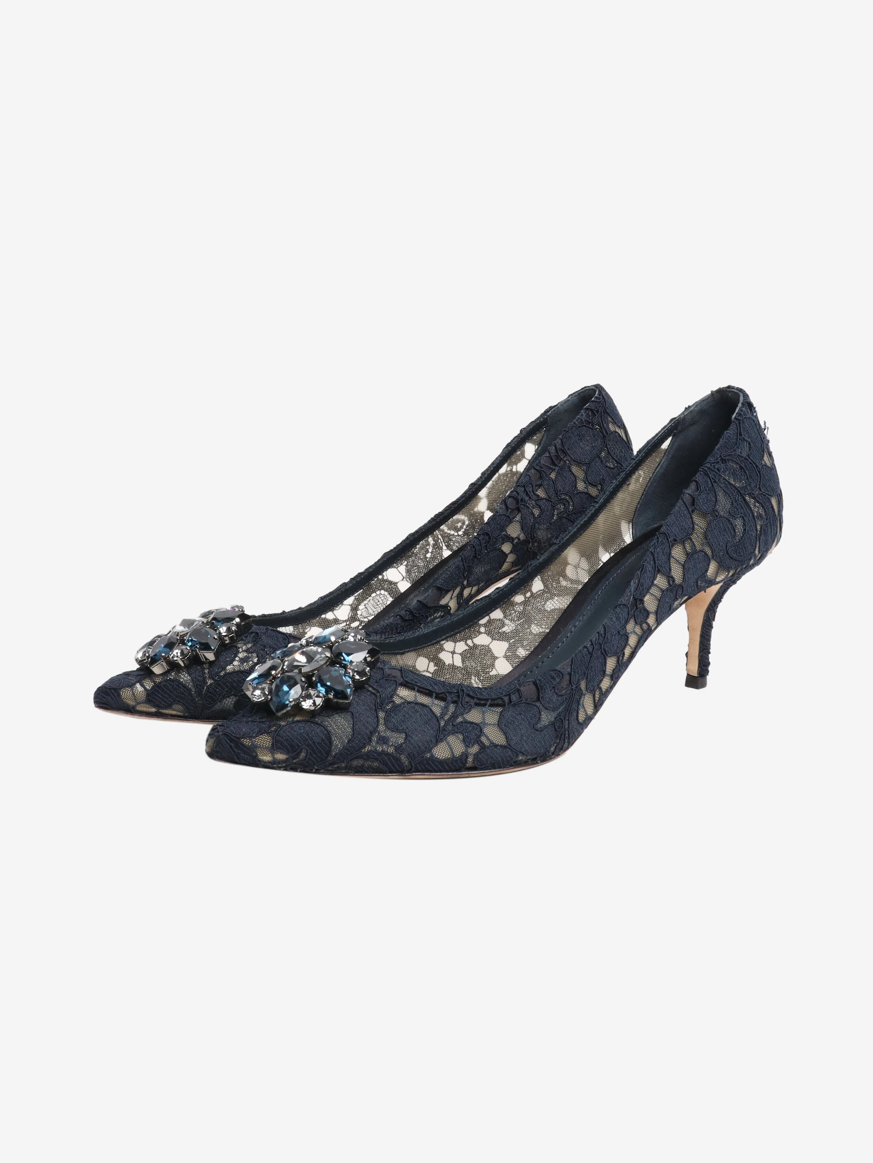 Navy bejewelled lace pumps - size EU 41 - Image 2