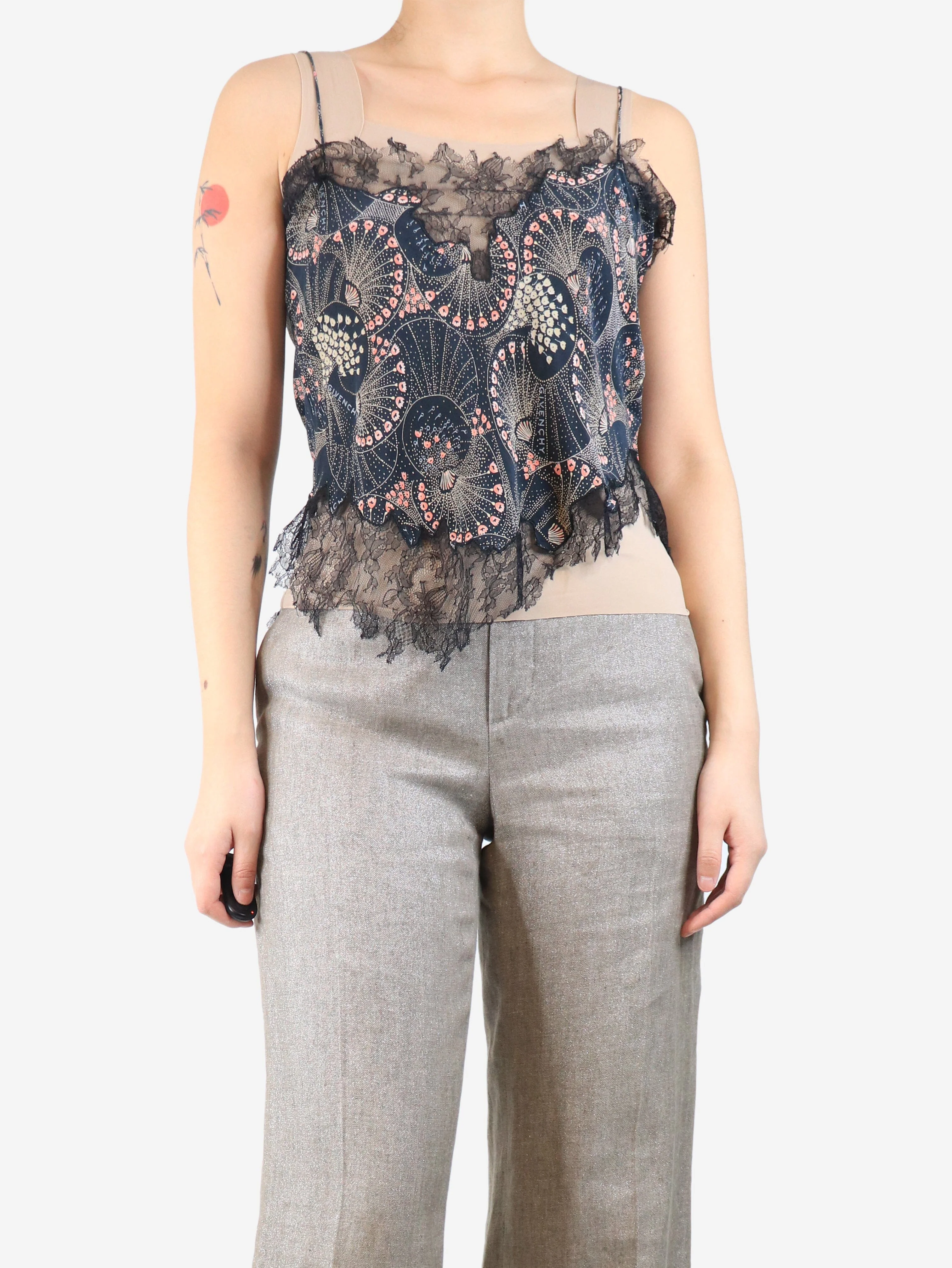 Navy lace-trim cami top - size UK 10