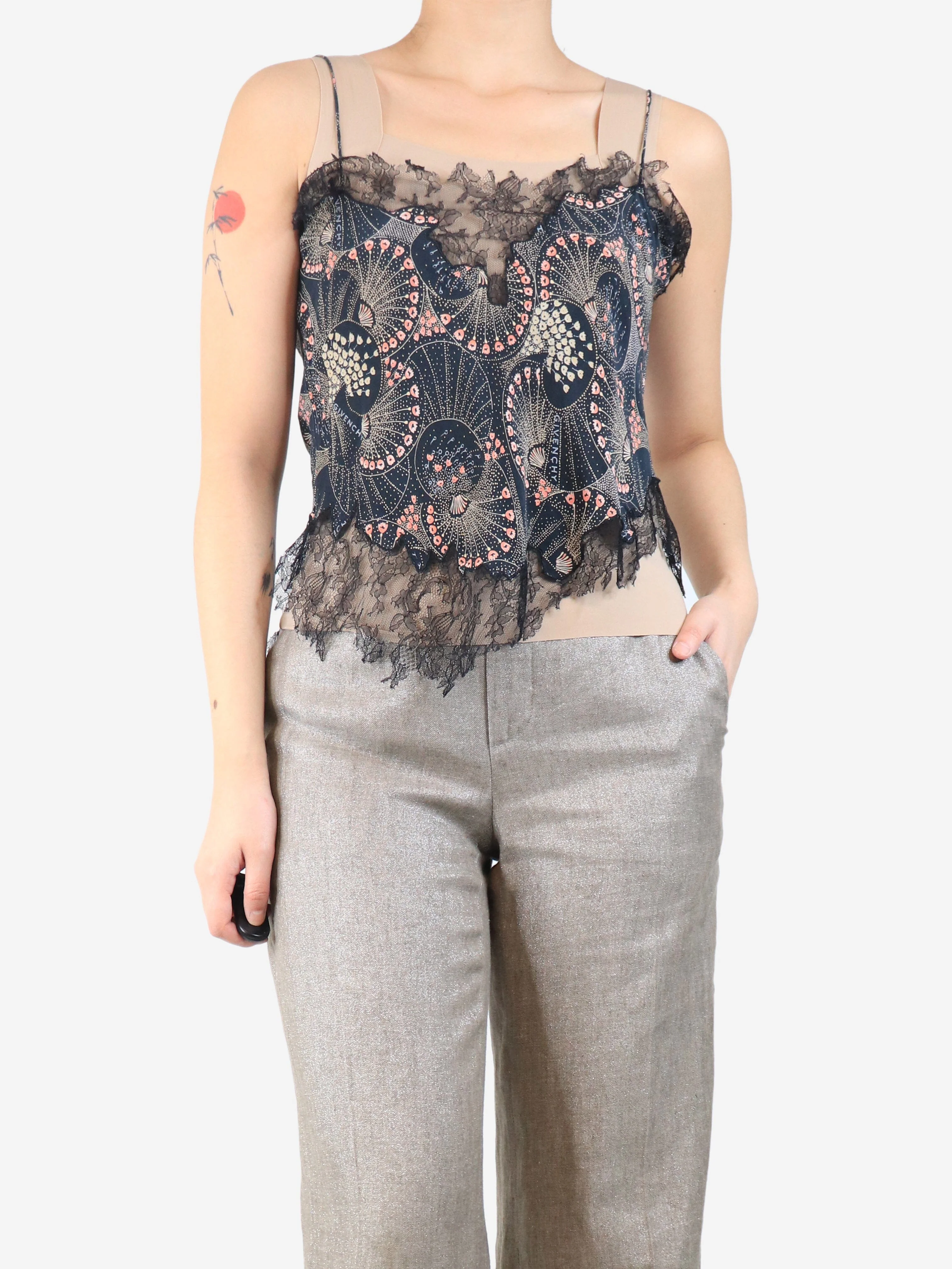 Navy lace-trim cami top - size UK 10 - Image 3