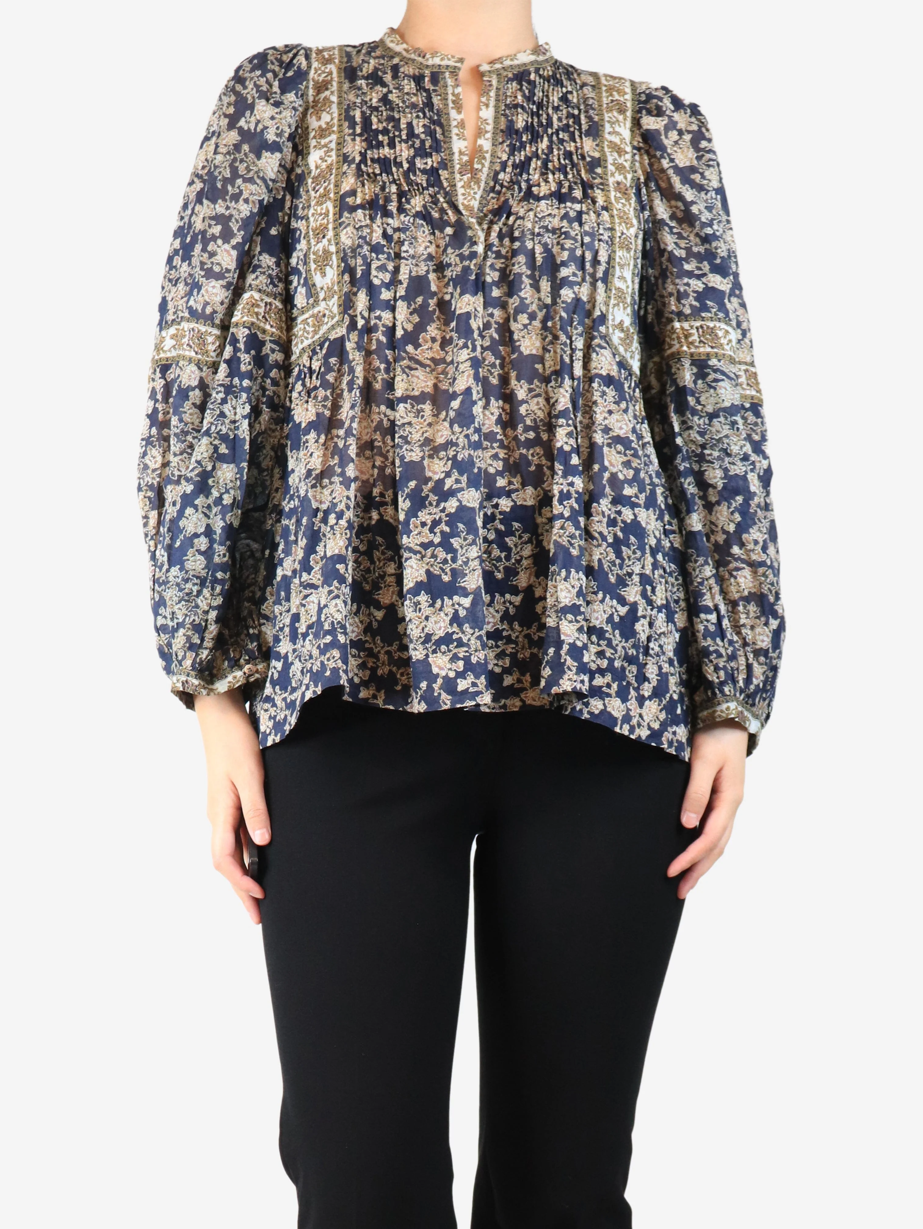 Navy sheer floral blouse - size UK 8