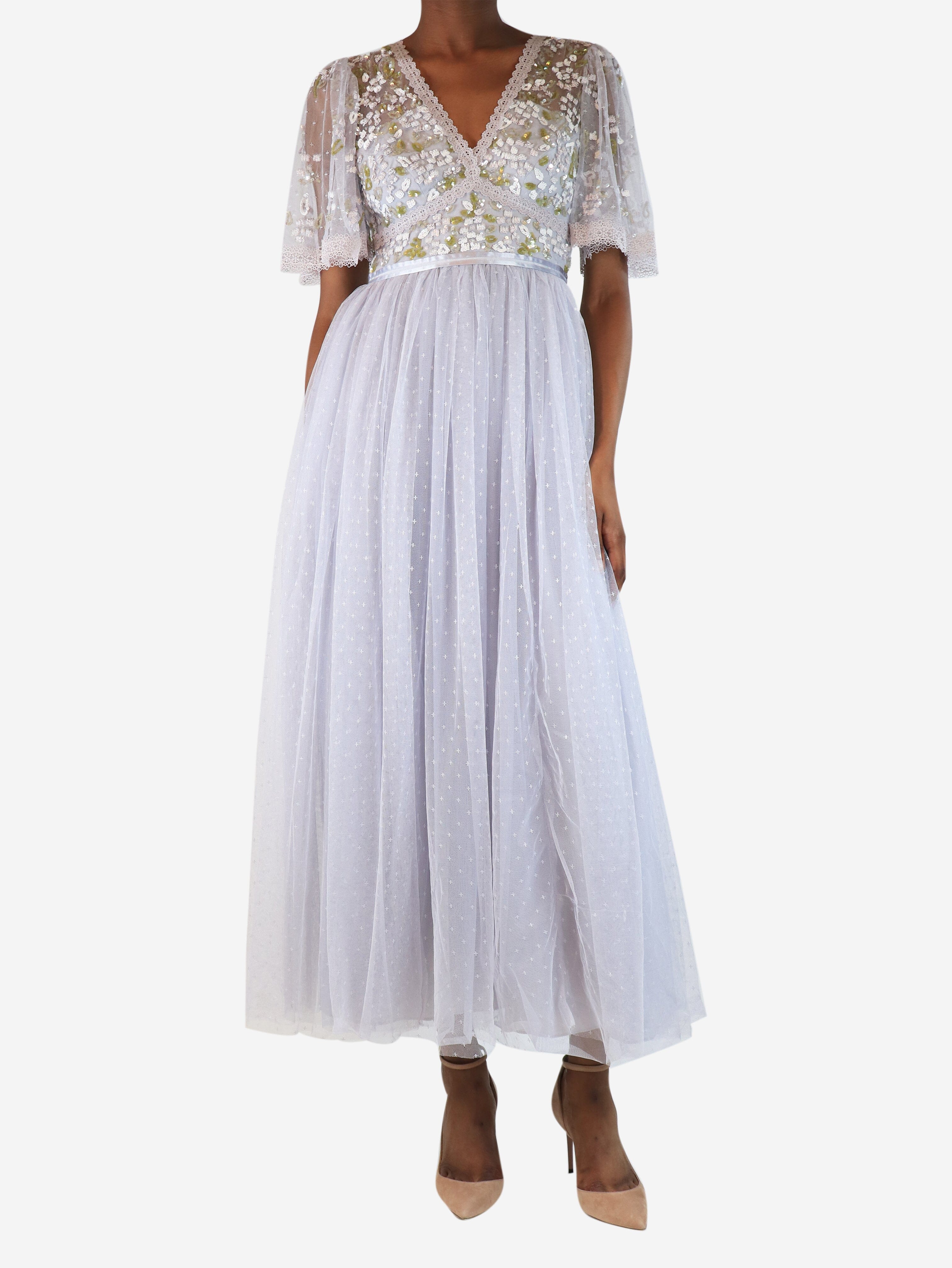 Pale blue shimmer primrose bodice gown - size UK 8